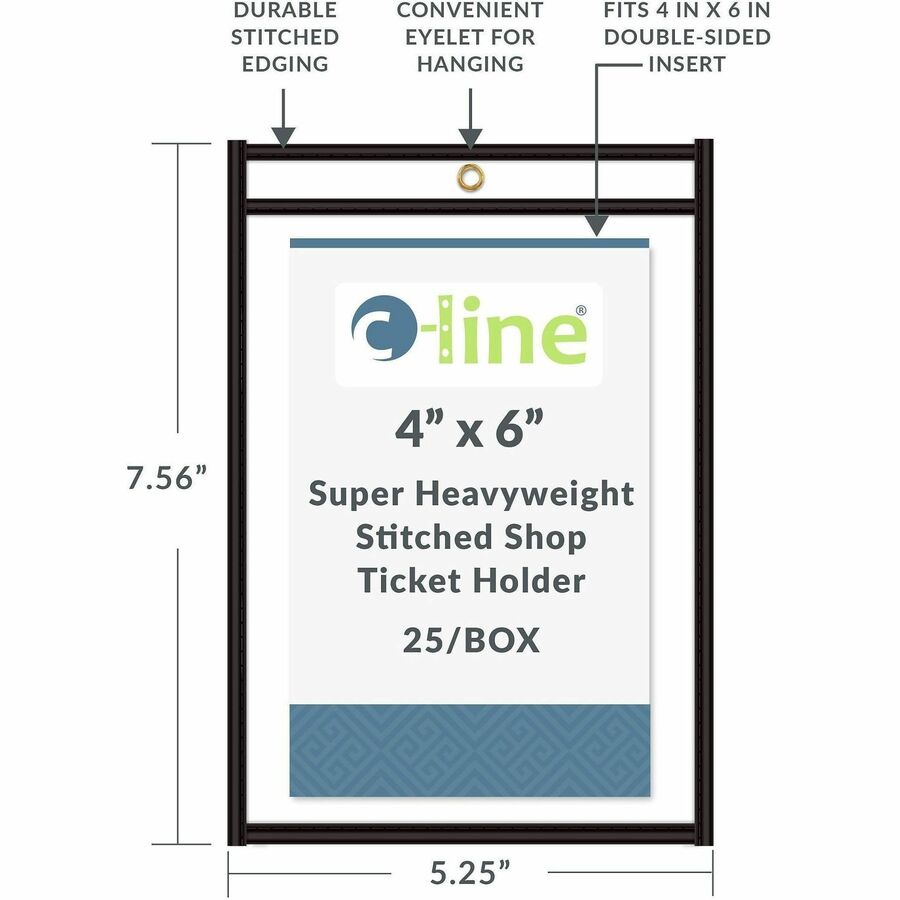 C-Line Stitched Vinyl Shop Ticket Holders - Support 4" x 6" Media - Vinyl - Clear, Black - Sturdy, Heavyweight - 25 / Box