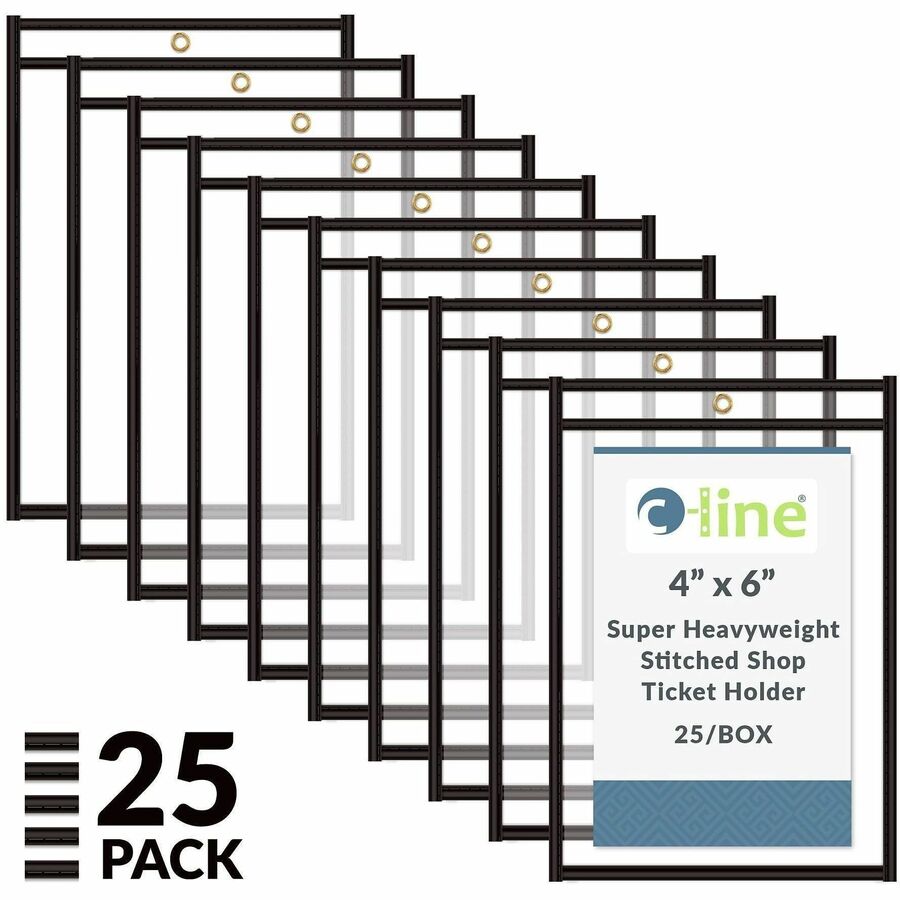 C-Line Stitched Vinyl Shop Ticket Holders - Support 4" x 6" Media - Vinyl - Clear, Black - Sturdy, Heavyweight - 25 / Box