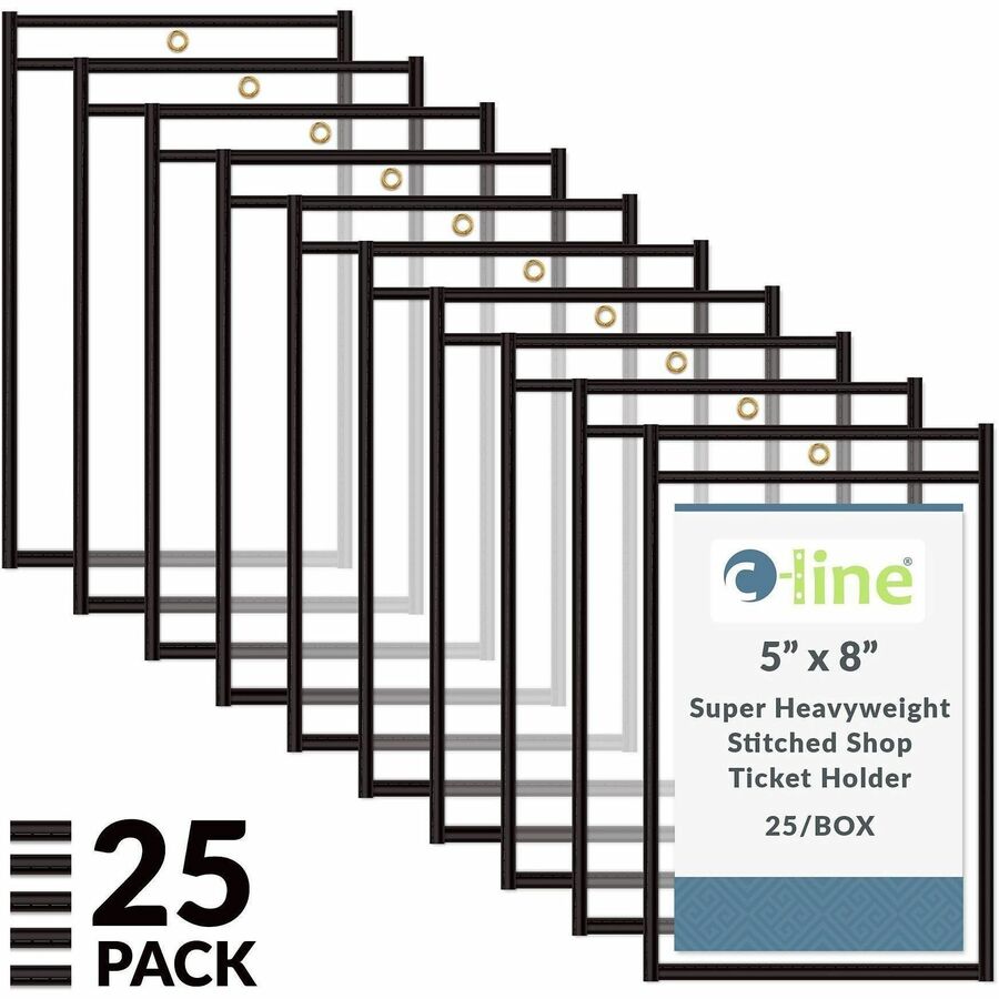C-Line Stitched Vinyl Shop Ticket Holders - Support 5" x 8" Media - Vinyl - Black, Clear - Sturdy, Heavyweight - 25 / Box