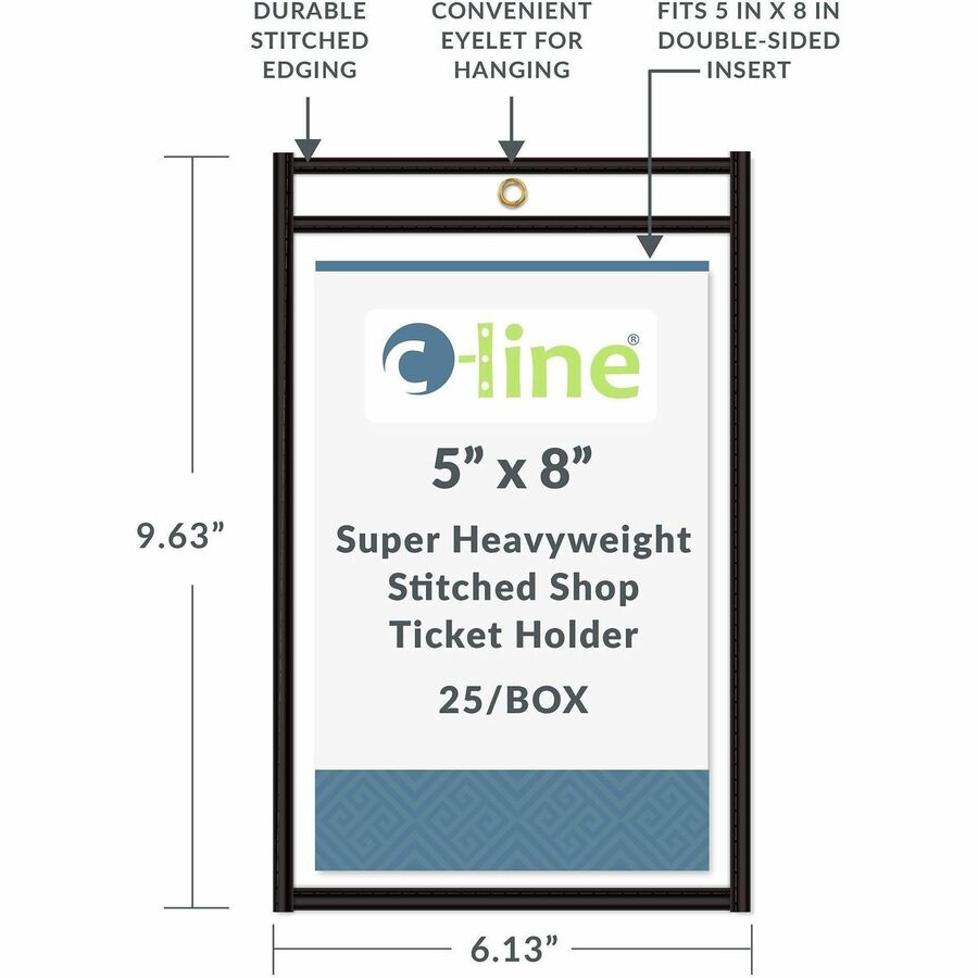 C-Line Stitched Vinyl Shop Ticket Holders - Support 5" x 8" Media - Vinyl - Black, Clear - Sturdy, Heavyweight - 25 / Box
