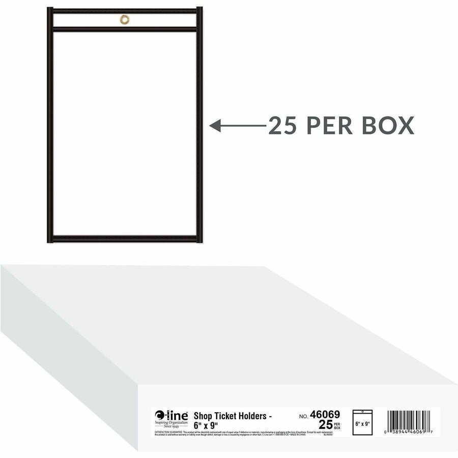 C-Line Stitched Vinyl Shop Ticket Holders - Support 6" x 9" Media - Vinyl - Black, Clear - Sturdy, Heavyweight, Reinforced - 25 / Box