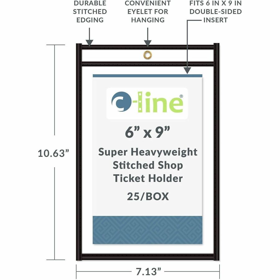 C-Line Stitched Vinyl Shop Ticket Holders - Support 6" x 9" Media - Vinyl - Black, Clear - Sturdy, Heavyweight, Reinforced - 25 / Box