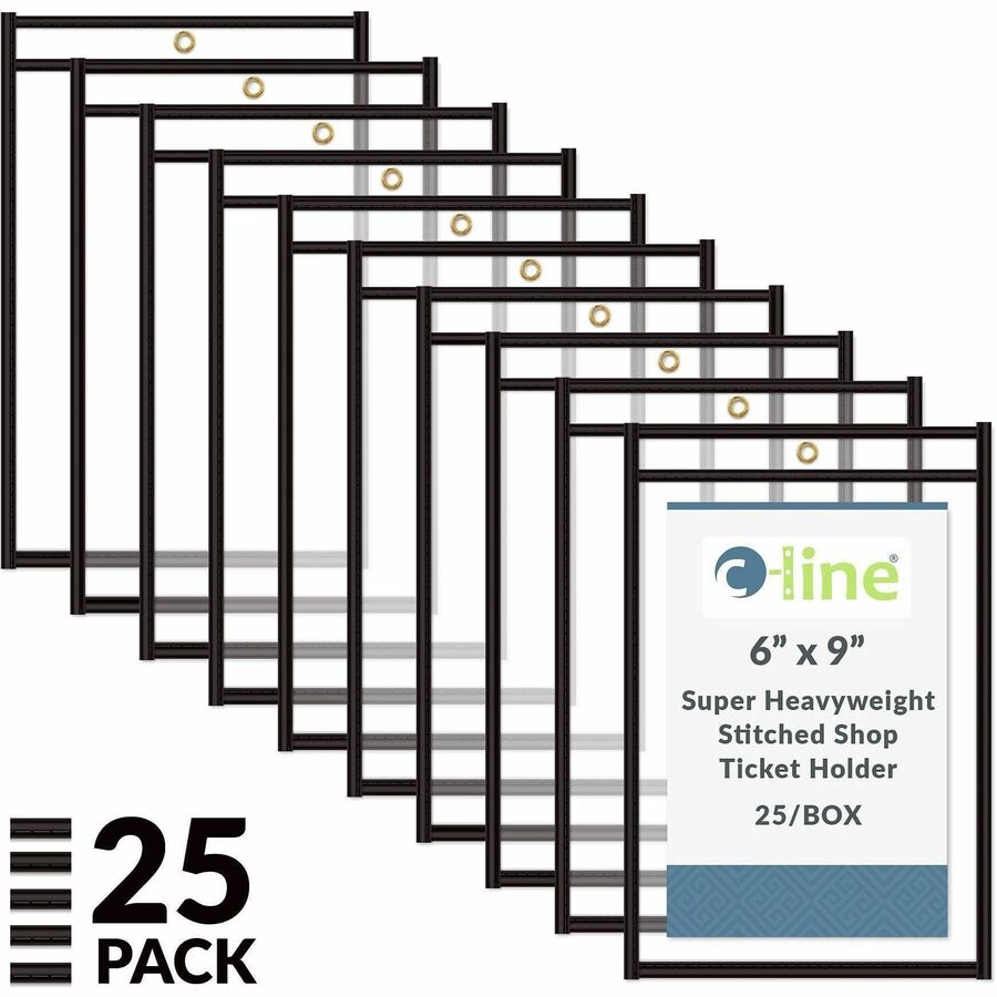 C-Line Stitched Vinyl Shop Ticket Holders - Support 6" x 9" Media - Vinyl - Black, Clear - Sturdy, Heavyweight, Reinforced - 25 / Box