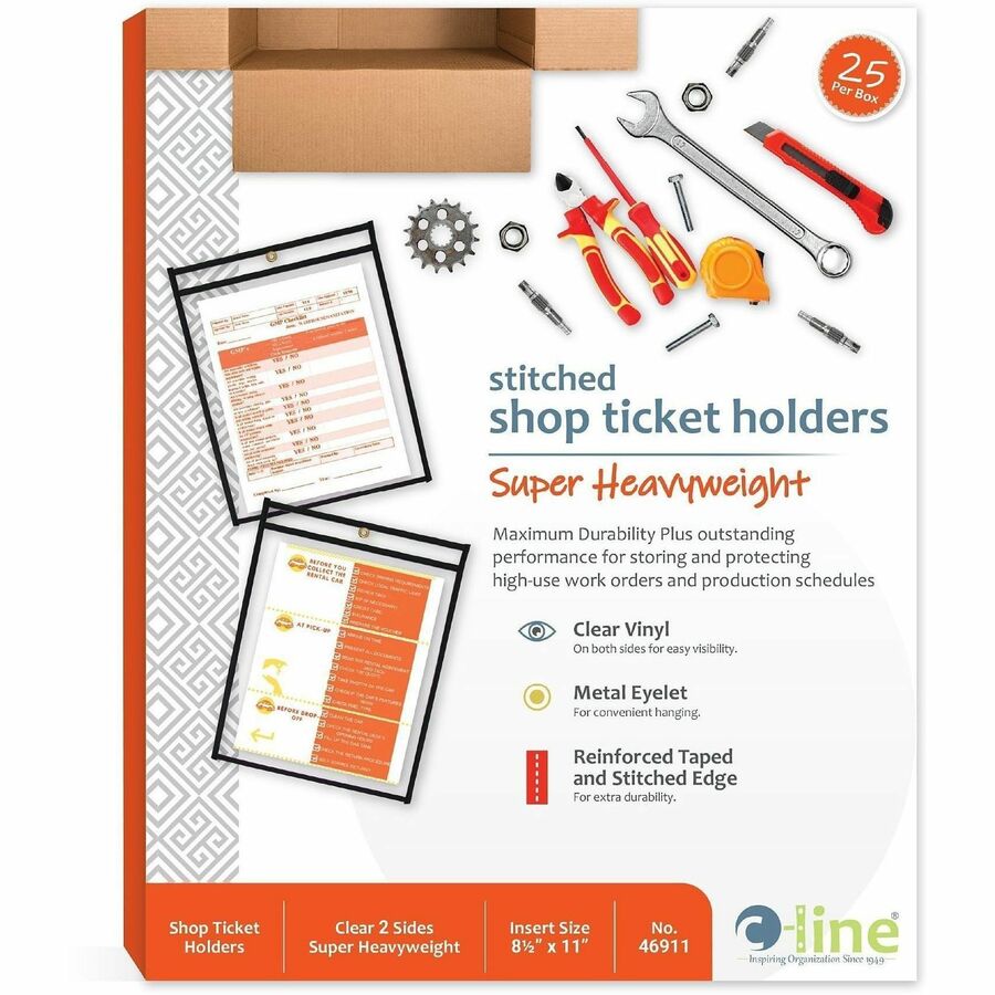 C-Line Stitched Vinyl Shop Ticket Holders - Support 8.50" x 11" Media - Vinyl - Black, Clear - Sturdy - 25 / Box