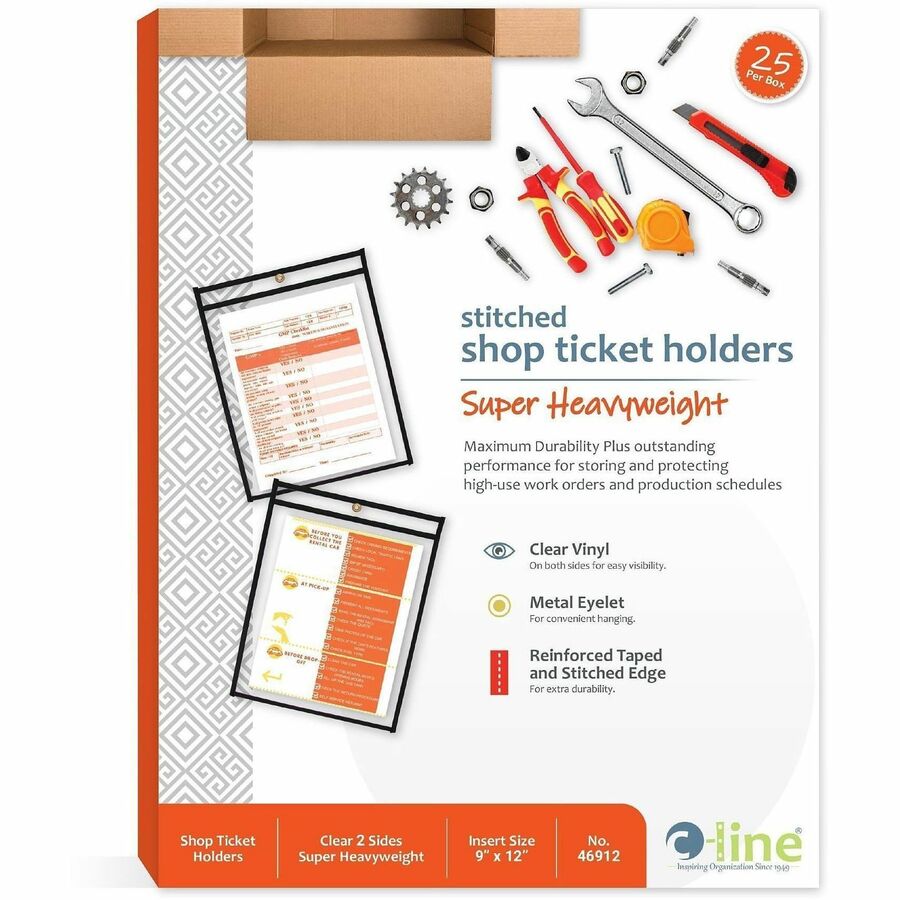 C-Line Stitched Vinyl Shop Ticket Holders - Support 9" x 12" Media - Vinyl - Black, Clear - Sturdy - 25 / Box
