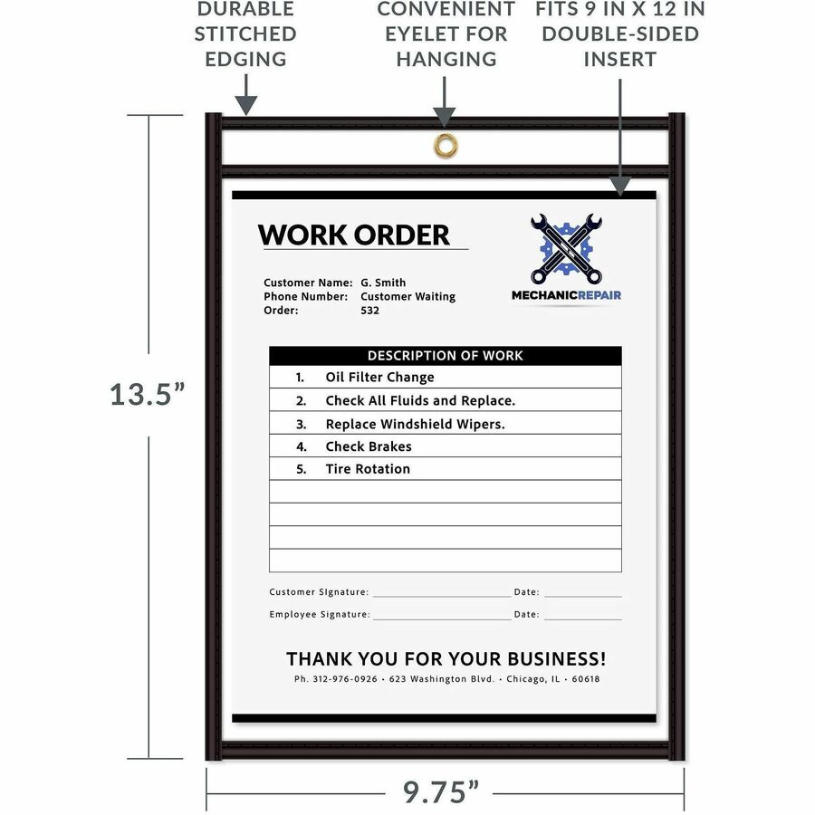 C-Line Stitched Vinyl Shop Ticket Holders - Support 9" x 12" Media - Vinyl - Black, Clear - Sturdy - 25 / Box
