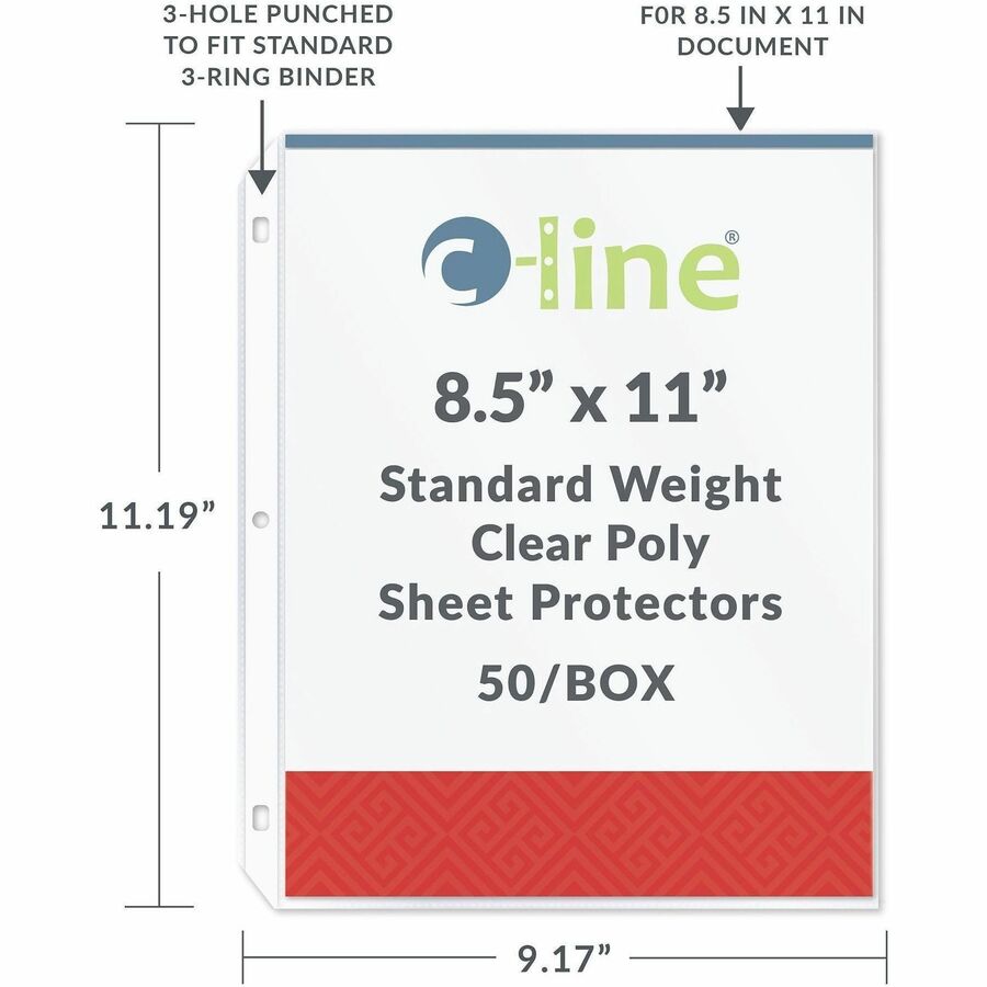 C-Line Poly Top-loading Sheet Protectors, Letter Size, 3-Hole Punched, Clear Polypropylene, 50/Box