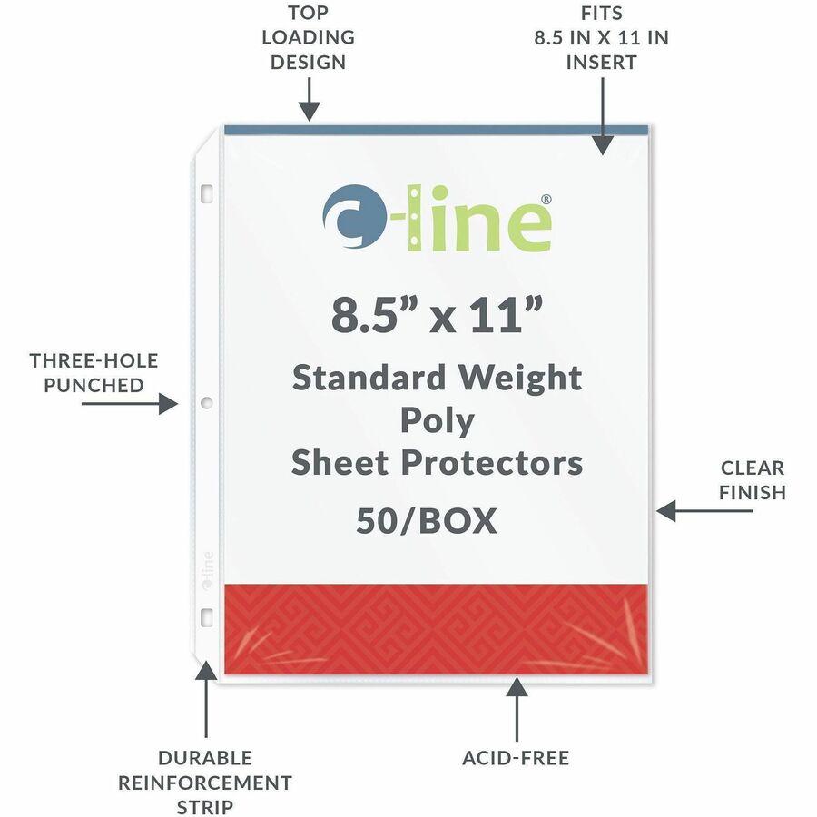 C-Line Poly Top-loading Sheet Protectors, Letter Size, 3-Hole Punched, Clear Polypropylene, 50/Box