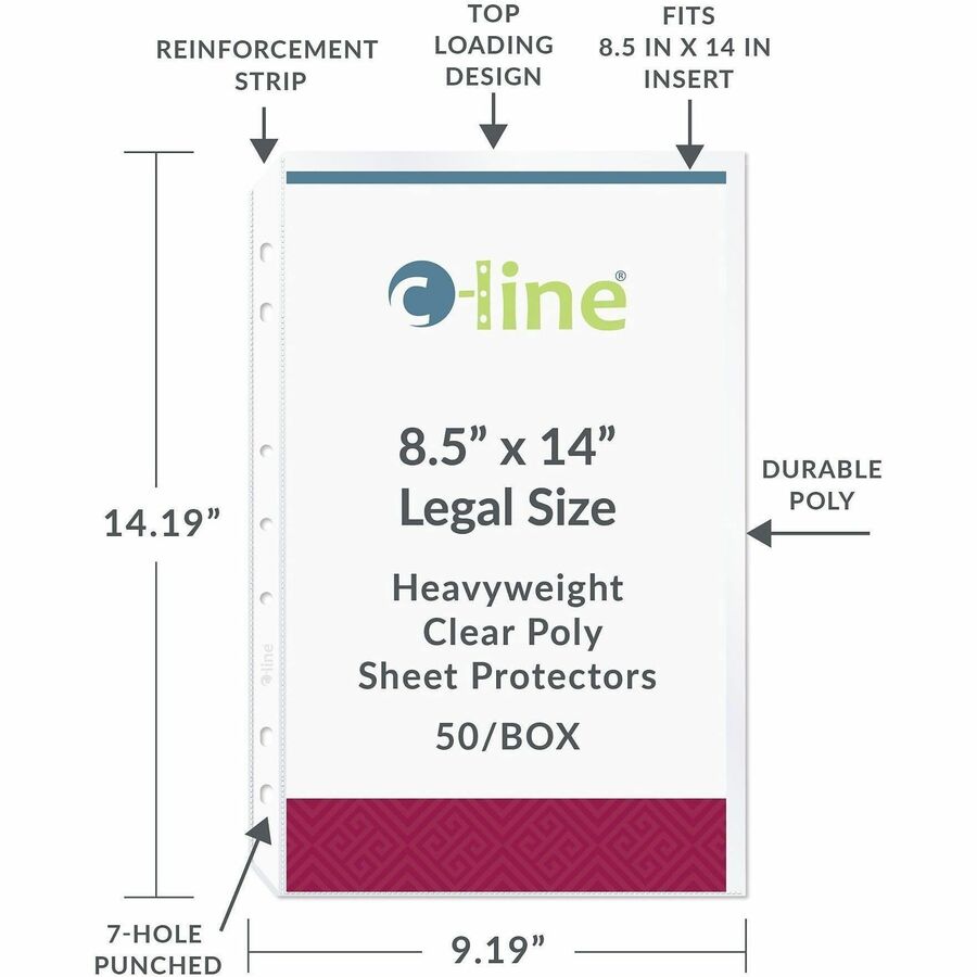 For Legal 8 1/2" x 14" Sheet - 4 x Holes - Ring Binder - Clear - Polypropylene - 50 / Box
