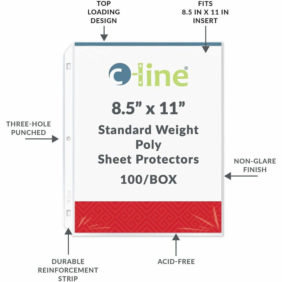 C-Line Poly Top-loading Sheet Protectors, Letter Size, 3-Hole Punched, Non-glare Polypropylene, 100/Box