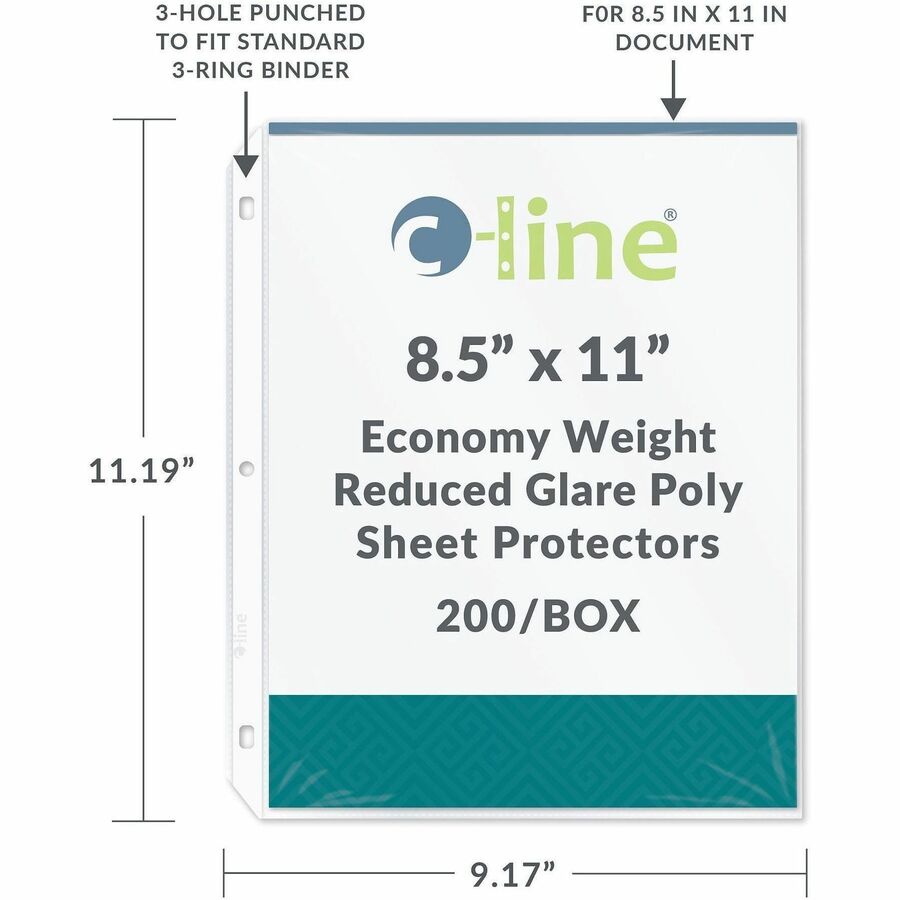 C-Line Poly Top-loading Sheet Protectors - For Letter 8 1/2" x 11" Sheet - 3 x Holes - Ring Binder - Clear - Polypropylene - 200 / Box