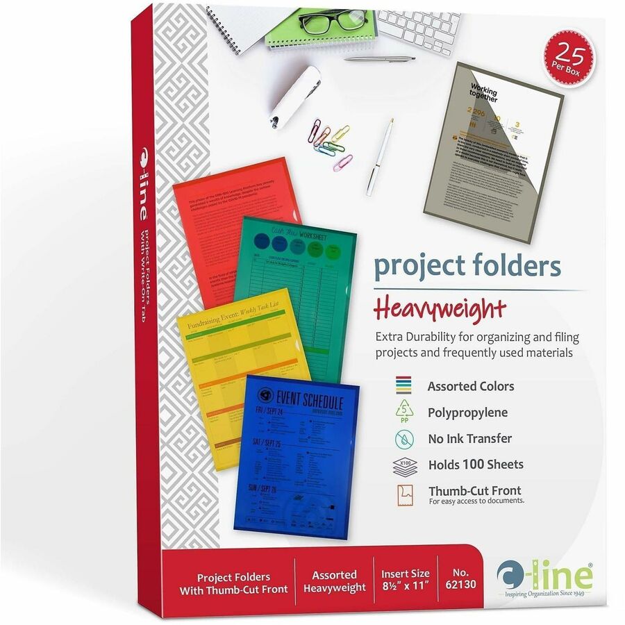 C-Line Letter Project File - 8 1/2" x 11" - Polypropylene - Assorted - Tear Resistant, Static-free, Non-glare, Copy Safe - 25 / Box