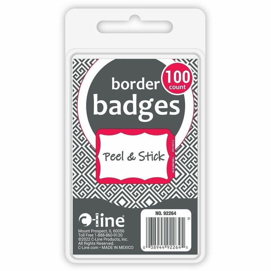 C-Line Self-adhesive Color Border Name Badges - 3 1/2" Width x 2 1/4" Length - Removable Adhesive - Rectangle - Red - Self-adhesive - 100 / Box