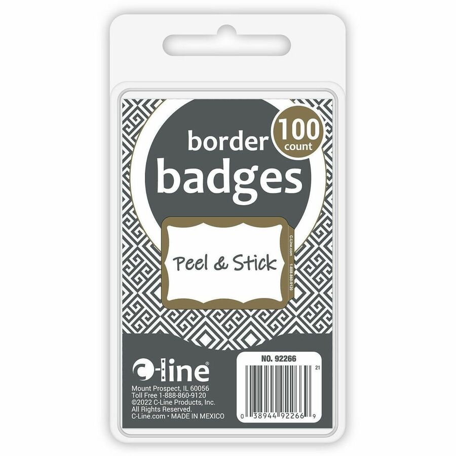 C-Line Self-adhesive Color Border Name Badges - 3 1/2" Width x 2 1/4" Length - Removable Adhesive - Rectangle - Gold - Self-adhesive - 100 / Box