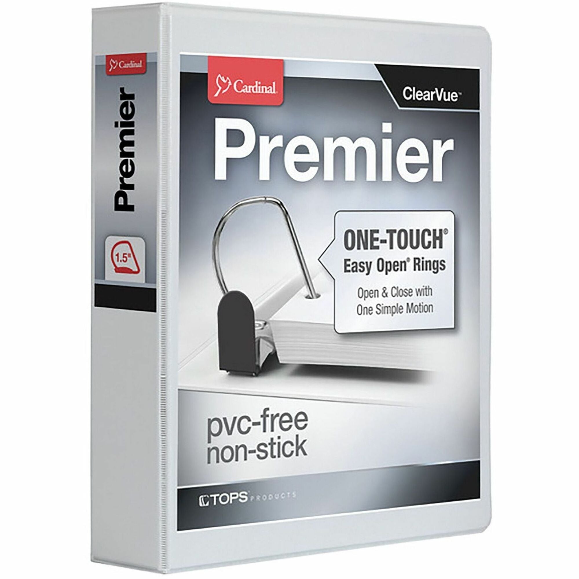 Cardinal Premier ONE-TOUCH Easy Open Locking Slant-D Ring Binder, 1.5" Capacity, Letter Size, 375 Sheet Capacity, 3 D-Rings, 4 Pockets, White, 1 Each
