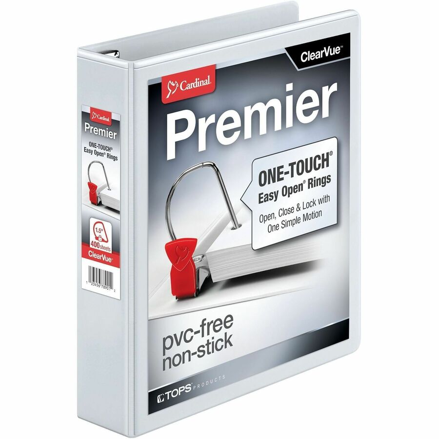 Cardinal Premier ONE-TOUCH Easy Open Locking Slant-D Ring Binder, 1.5" Capacity, Letter Size, 375 Sheet Capacity, 3 D-Rings, 4 Pockets, White, 1 Each