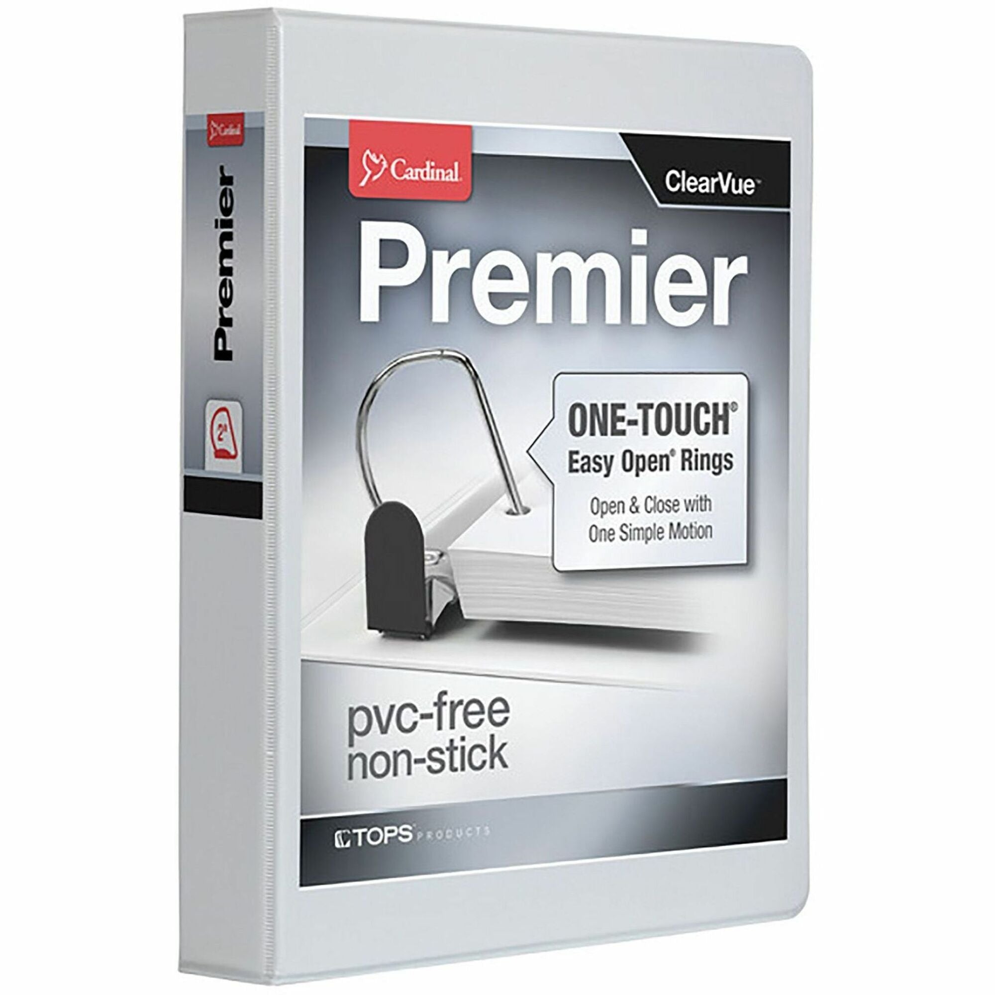 Cardinal Premier ONE-TOUCH Easy Open Locking Slant-D Ring Binder, 2" Capacity, 3" Spine, 3 Rings, 530 Sheet Capacity, 4 Pockets, Letter Size, White, 1 Each