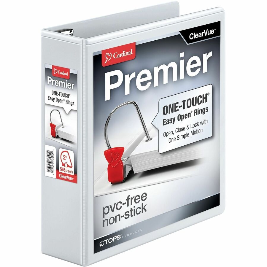 Cardinal Premier ONE-TOUCH Easy Open Locking Slant-D Ring Binder, 2" Capacity, 3" Spine, 3 Rings, 530 Sheet Capacity, 4 Pockets, Letter Size, White, 1 Each