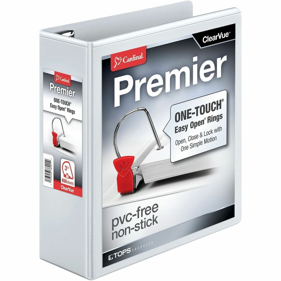 Cardinal Premier ONE-TOUCH Easy Open Locking Slant-D Ring Binder, 3" Capacity, 650 Sheets, Letter Size, 3 Rings, 4 Pockets, White, 1 Each