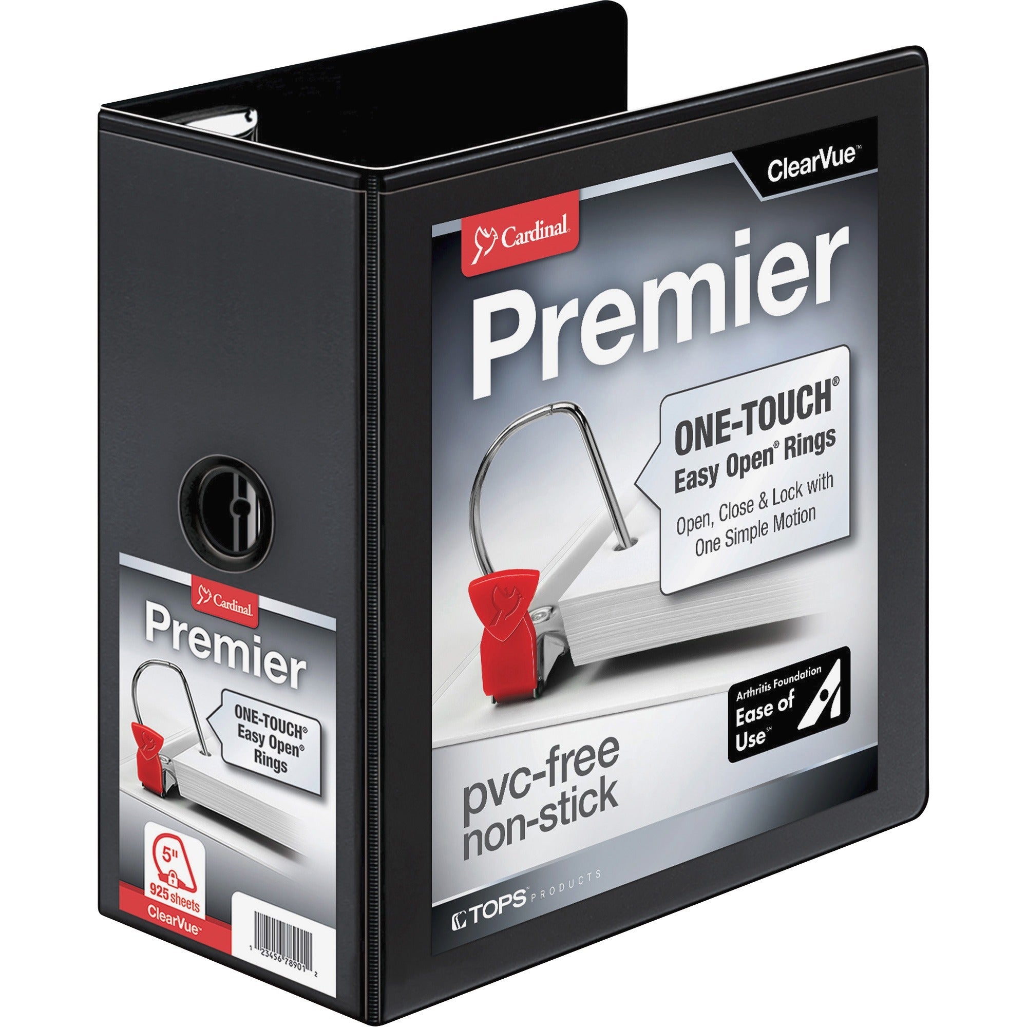Cardinal Premier ONE-TOUCH Easy Open Locking Slant-D Ring Binder, 5" Capacity, Letter Size, 1050 Sheet Capacity, 3 D-Rings, 4 Pockets, Black, 1 Each
