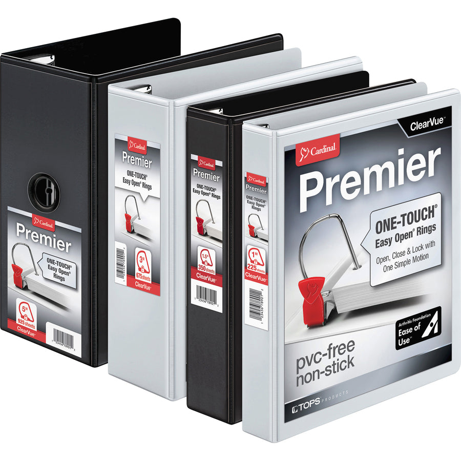 Cardinal Premier ONE-TOUCH Easy Open Locking Slant-D Ring Binder, 5" Capacity, Letter Size, 1050 Sheet Capacity, 3 D-Rings, 4 Pockets, Black, 1 Each