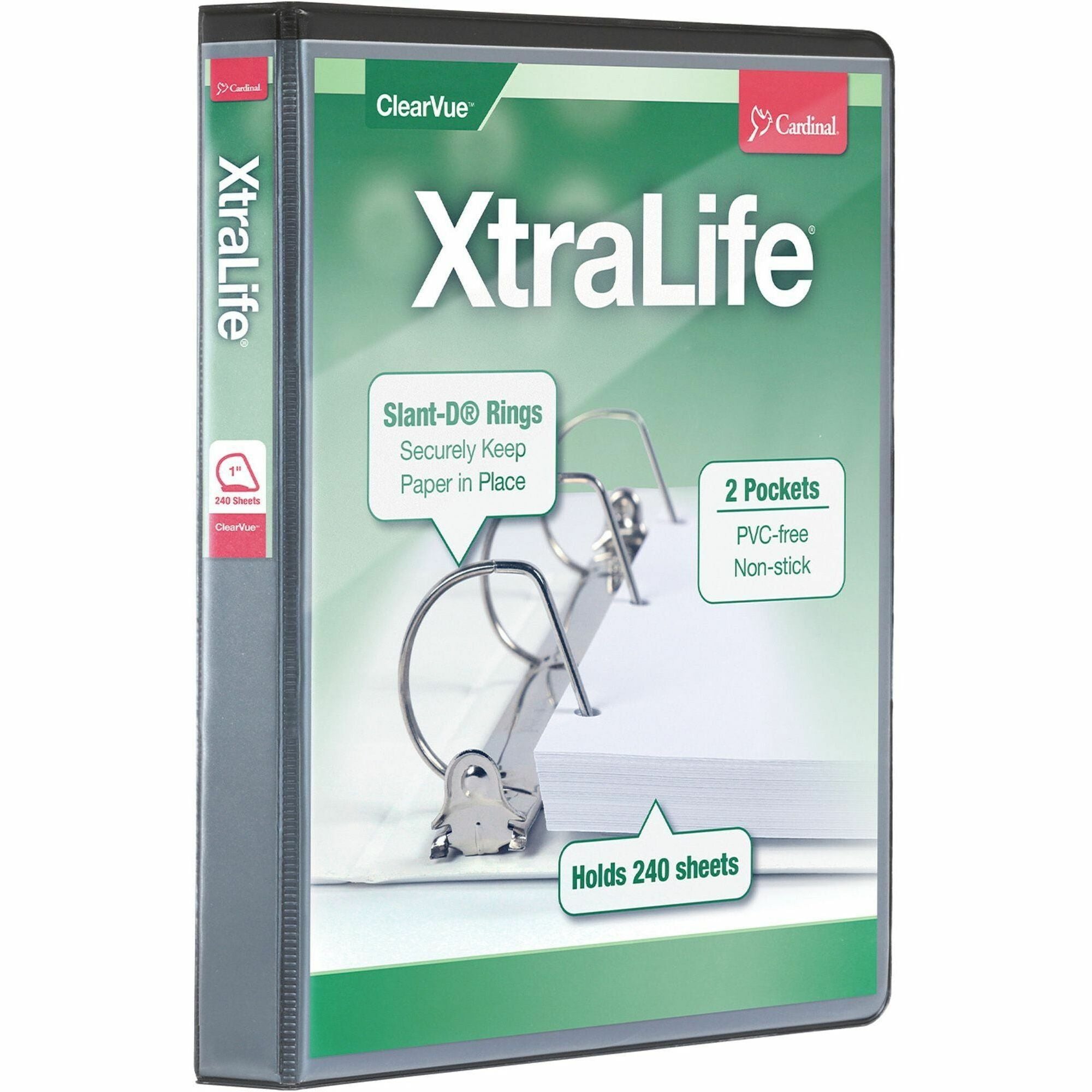 Cardinal Xtralife ClearVue Locking Slant-D 3-Ring Binder, 1" Spine, 270 Sheet Capacity, Letter Size, 2 Inside Pockets, Black, 1 Each