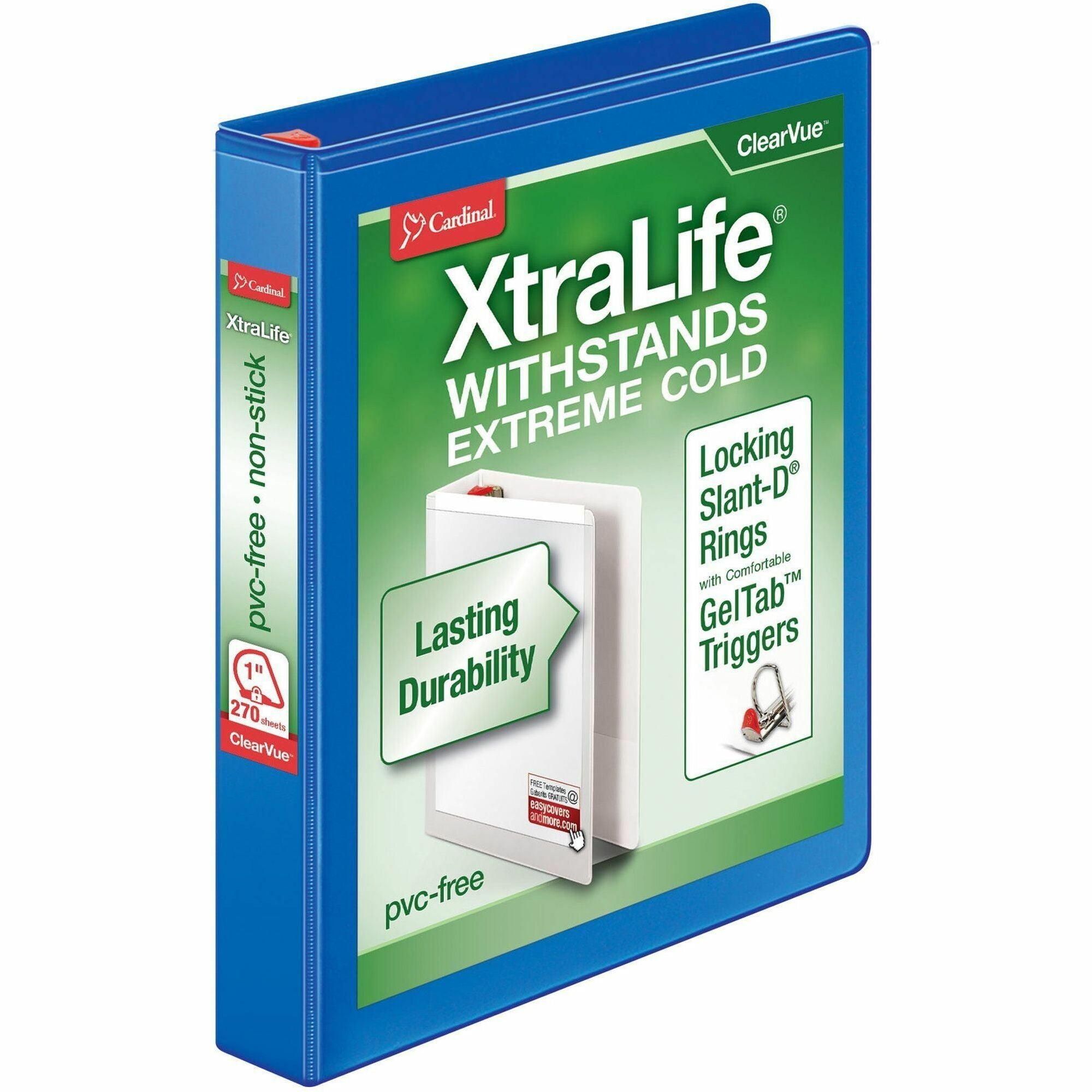 Cardinal Xtralife ClearVue Locking Slant-D 3-Ring Binder, 1" Capacity, Letter Size, 270 Sheet Capacity, 2 Inside Pockets, Blue, 1 Each