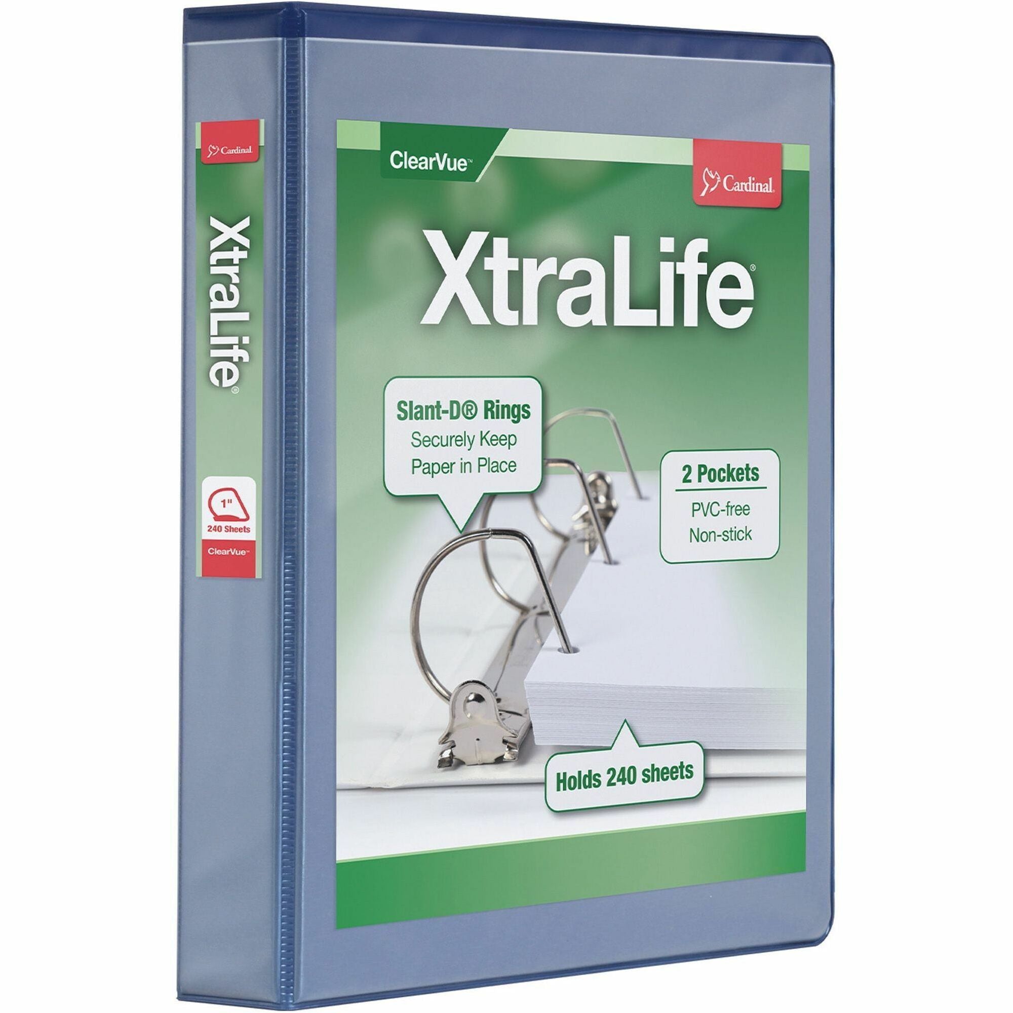 Cardinal Xtralife ClearVue Locking Slant-D Binder, 1.5" Capacity, Letter Size, 375 Sheet, 3 D-Rings, 2 Inside Pockets, Polyolefin, Blue, 1 Each
