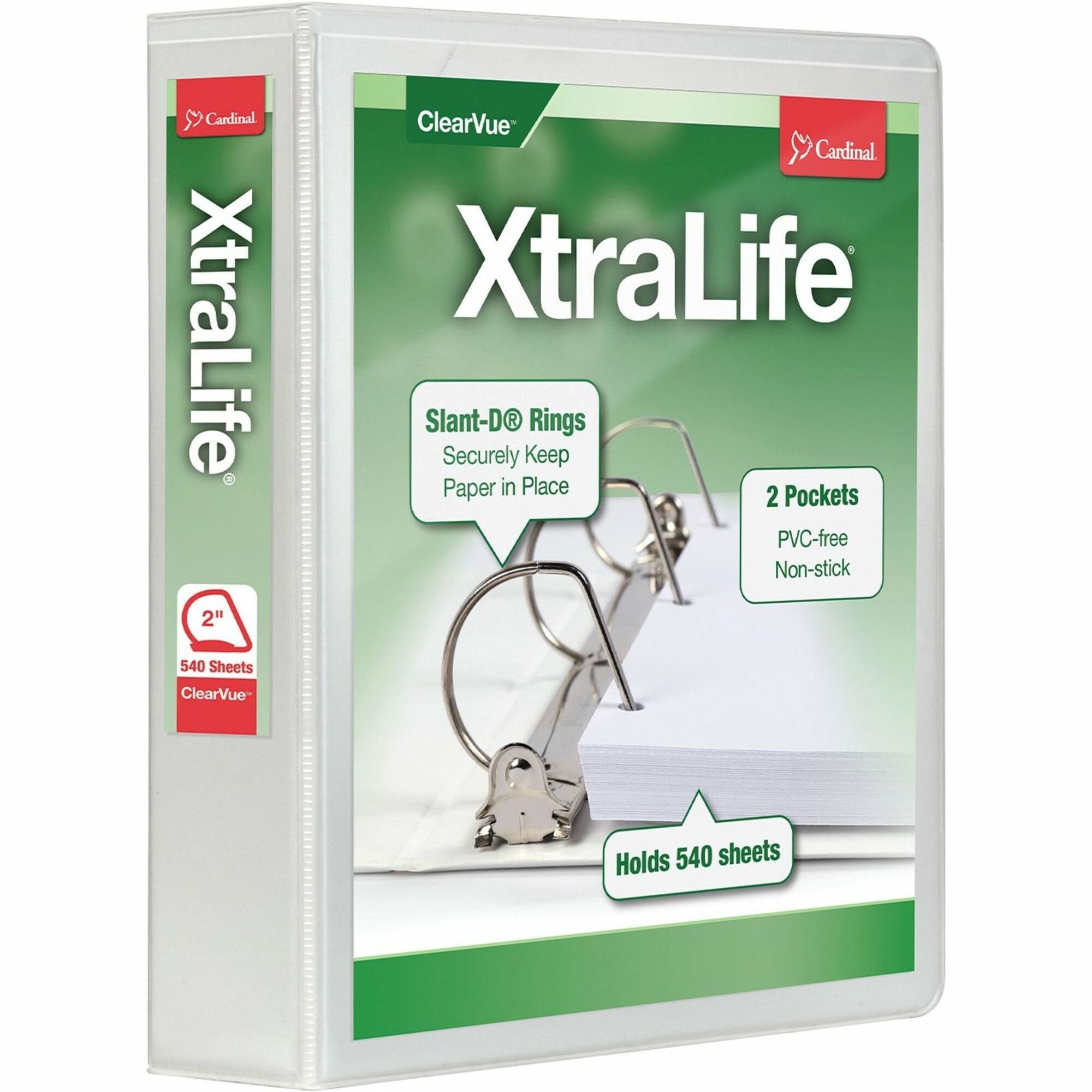 Cardinal Xtralife ClearVue Locking Slant-D Binder, 2" Capacity, 3 D-Rings, Letter Size, 540 Sheet Capacity, 2 Pockets, White, 1 Each