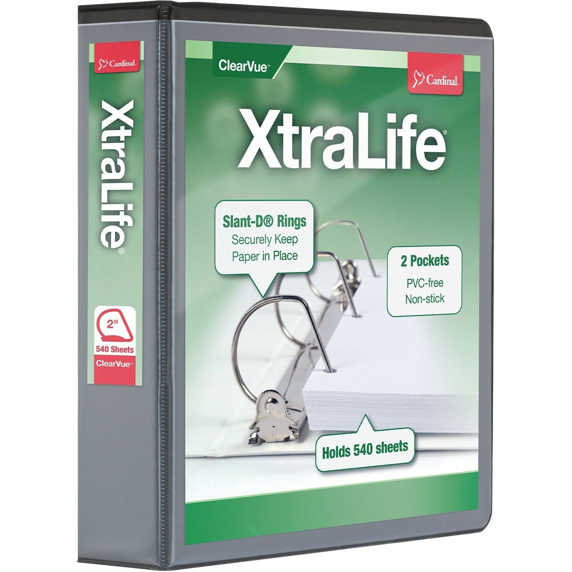Cardinal Xtralife ClearVue Locking Slant-D 3-Ring Binder, 2" Capacity, Letter Size, 540 Sheet, 2 Pockets, Black, Polyolefin, Non-stick, PVC-free, Clear Overlay, Cold & Crack Resistant, 1 Each