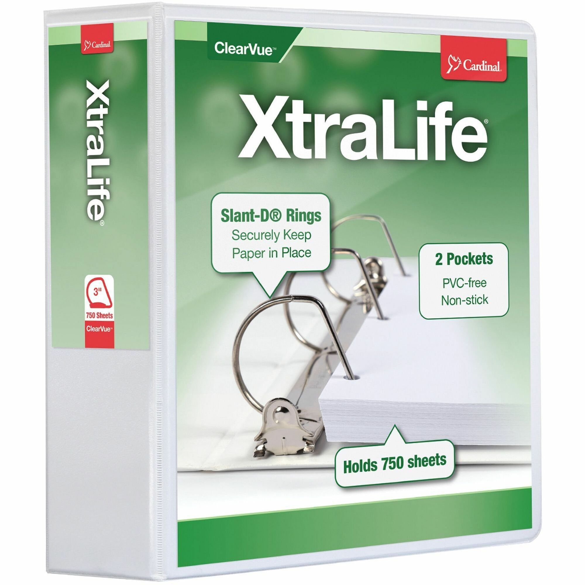 Cardinal Xtralife ClearVue Locking Slant-D 3" Binder, Letter Size, 725 Sheet Capacity, 3 D-Rings, 2 Inside Pockets, Polyolefin, White, Non-stick, PVC-free, Clear Overlay, Cold & Crack Resistant, 1 Each