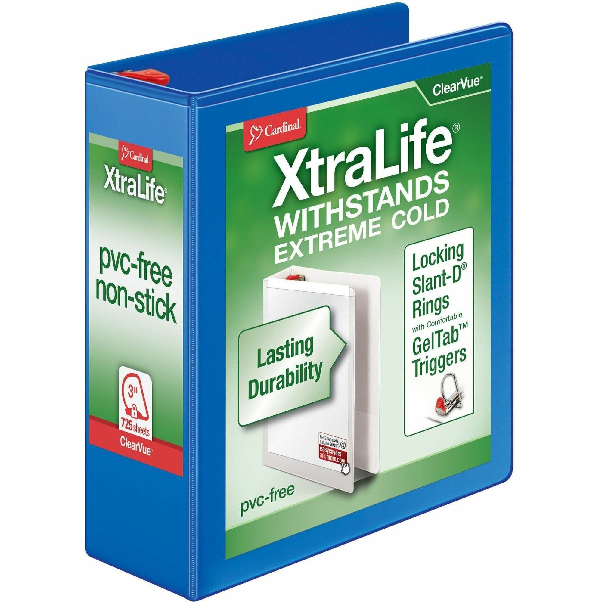 Cardinal Xtralife ClearVue Locking Slant-D 3" Binder, Letter Size, 725 Sheet Capacity, 3 D-Rings, 2 Inside Pockets, Polyolefin, Blue, 1 Each