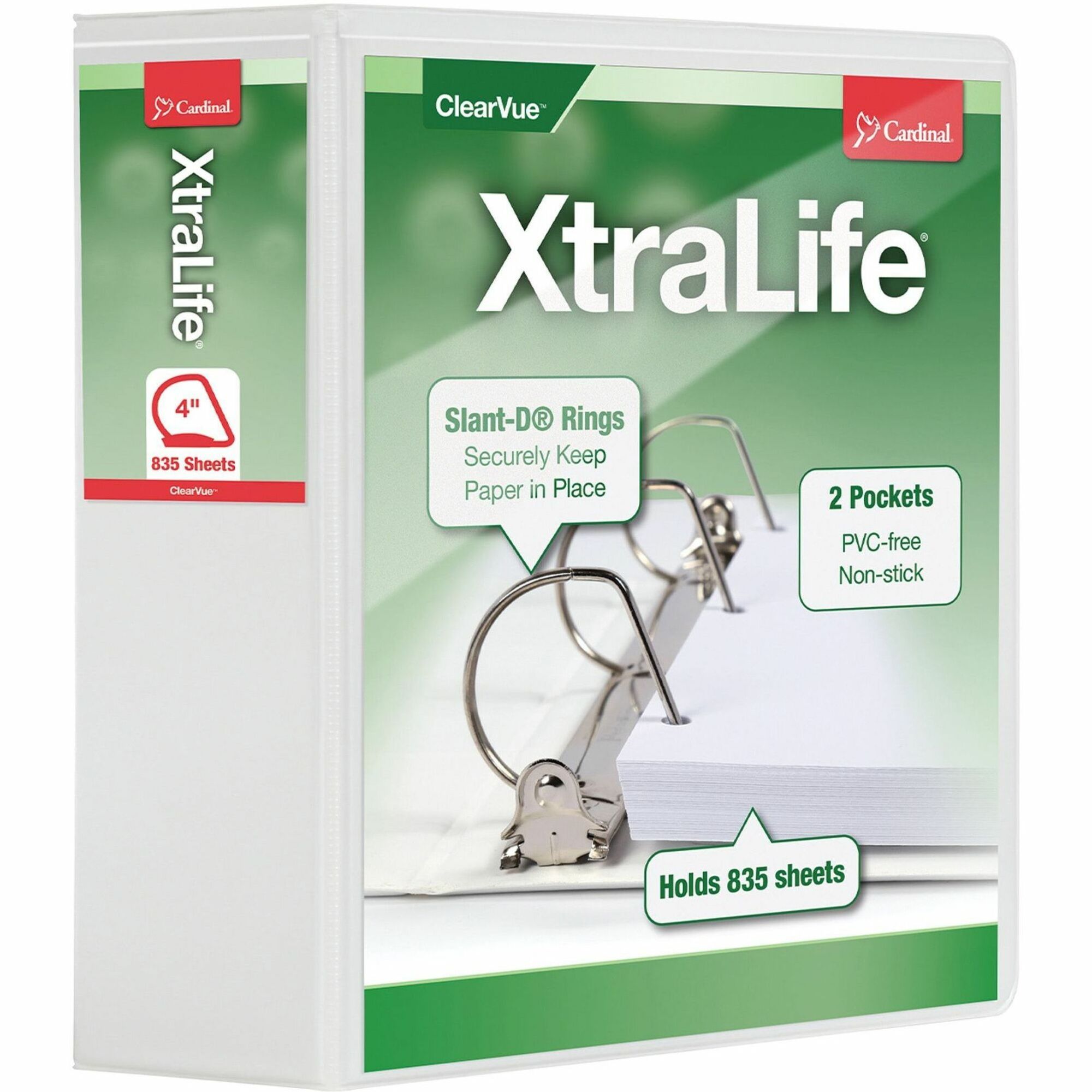 Cardinal Xtralife ClearVue Locking Slant-D Binder, 4" Capacity, Letter Size, 3 Rings, 890 Sheet Capacity, 2 Inside Pockets, White, 1 Each