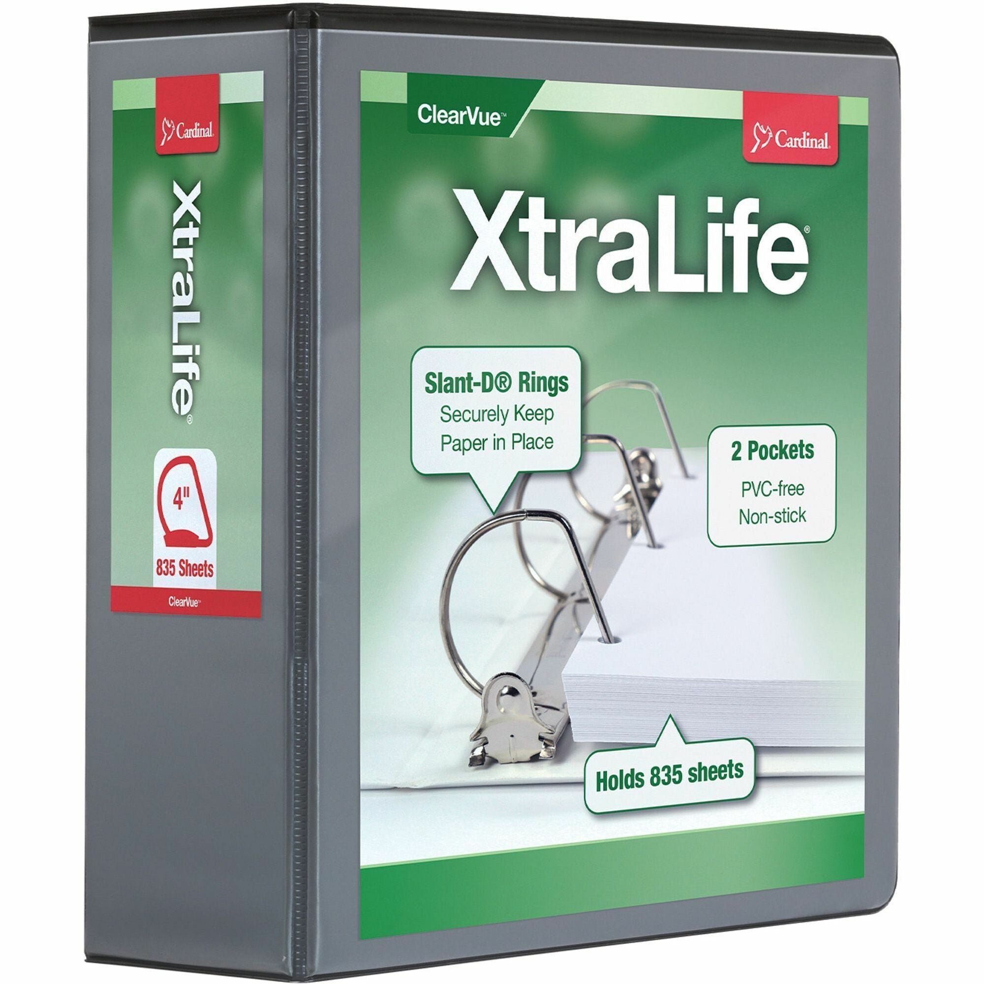Cardinal Xtralife ClearVue Locking Slant-D Binder, 4" Capacity, Letter Size, 890 Sheet, 3 Rings, 2 Pockets, Polyolefin, Black, 1 Each