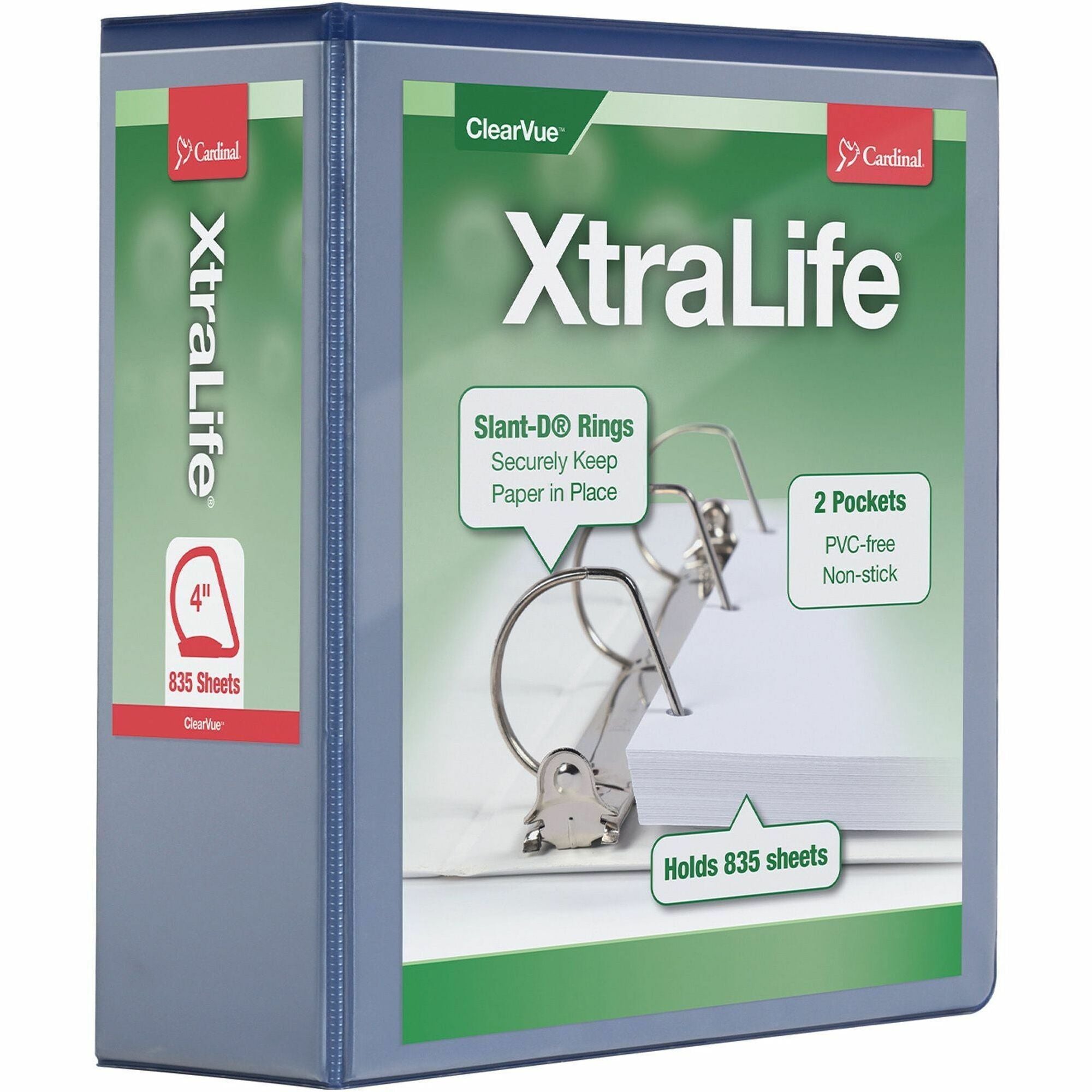 Cardinal Xtralife ClearVue Locking Slant-D Binder, 4" Capacity, Letter Size, 3 D-Rings, 2 Inside Pockets, Blue, Polyolefin, Non-stick, PVC-free, Cold & Crack Resistant, 1 Each
