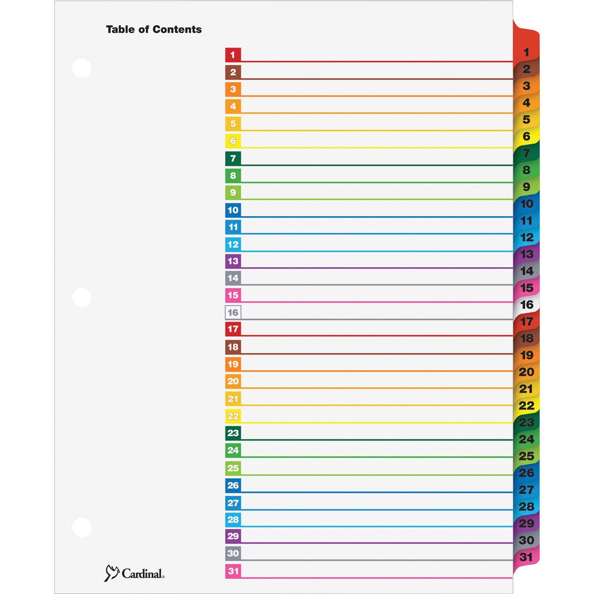 Cardinal OneStep Daily Index System, 31 Dividers, 1 Set, Letter Size, White with Multicolor Mylar Tabs, 3-Hole Punched, Reinforced Tabs and Edges