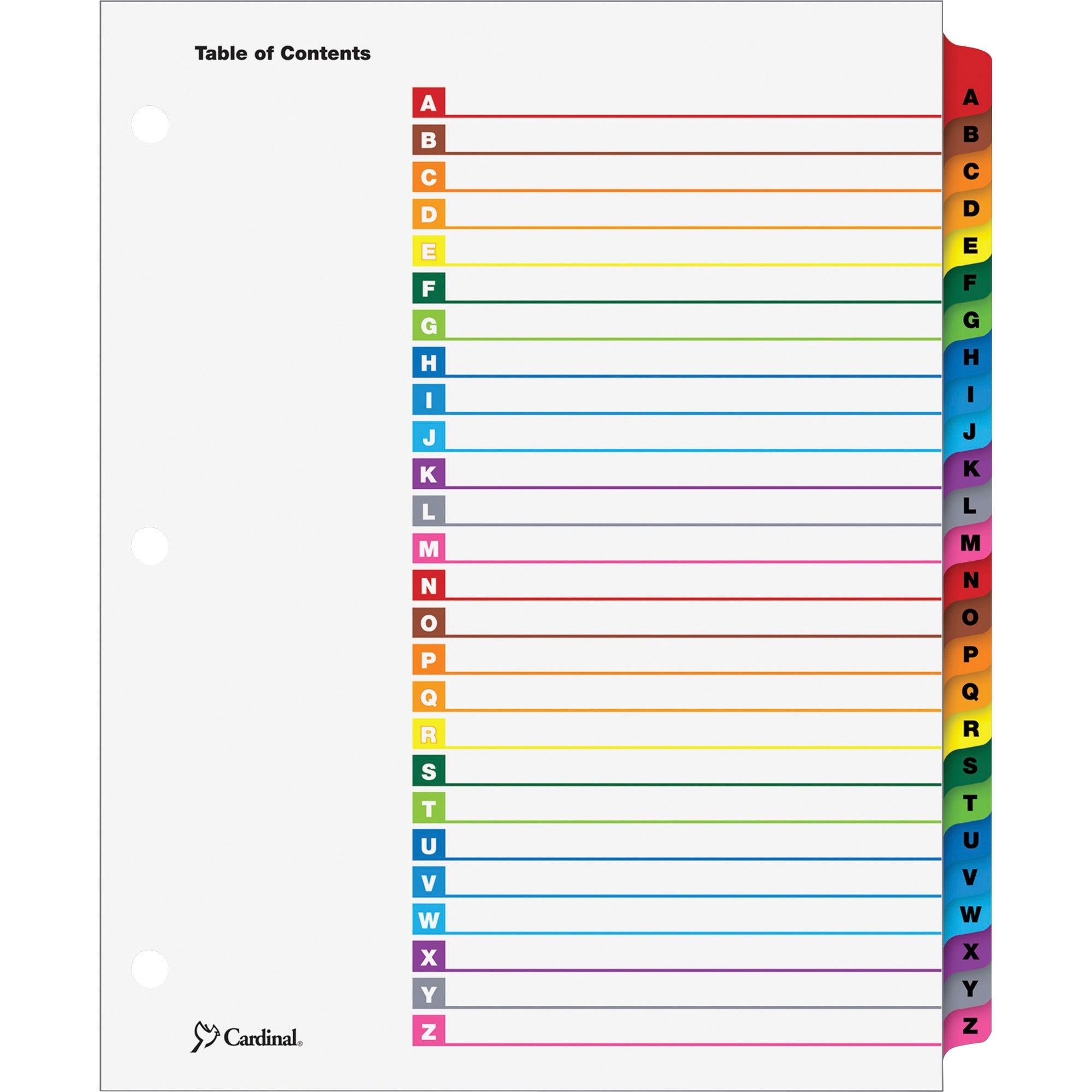 26 x Divider(s) - Printed Tab(s) - Character - A-Z - 26 Tab(s)/Set - 9" Divider Width x 11" Divider Length - Letter - 8.50" Width x 11" Length - 3 Hole Punched - White Divider - Multicolor Mylar Tab(s) - Reinforced Tab, Reinforced Edges - 1 Set