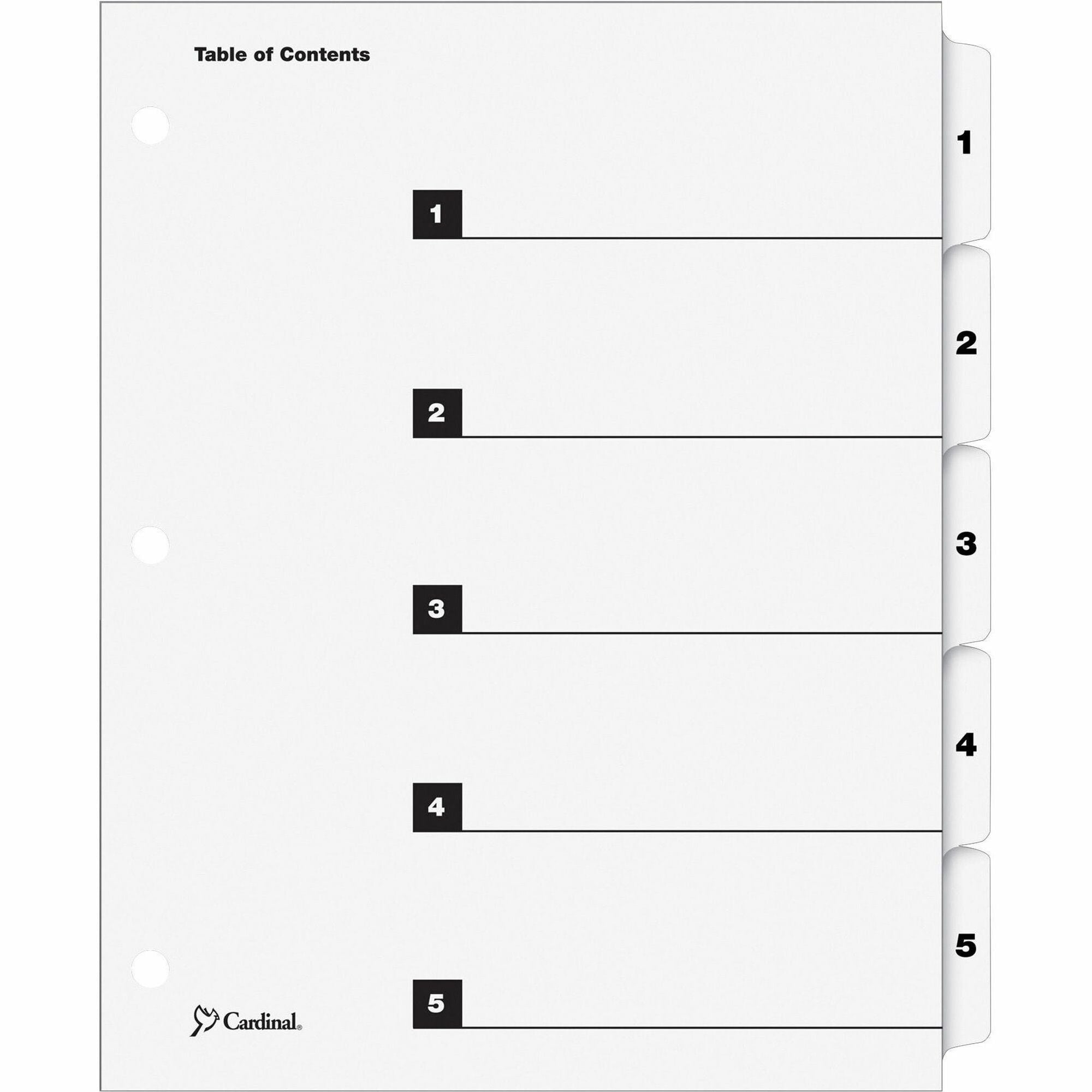 Cardinal OneStep Numbered Index System, 5 Dividers, 5 Tabs (1-5), Letter Size, White, 3-Hole Punched, Reinforced Tabs and Edges, 1 Set