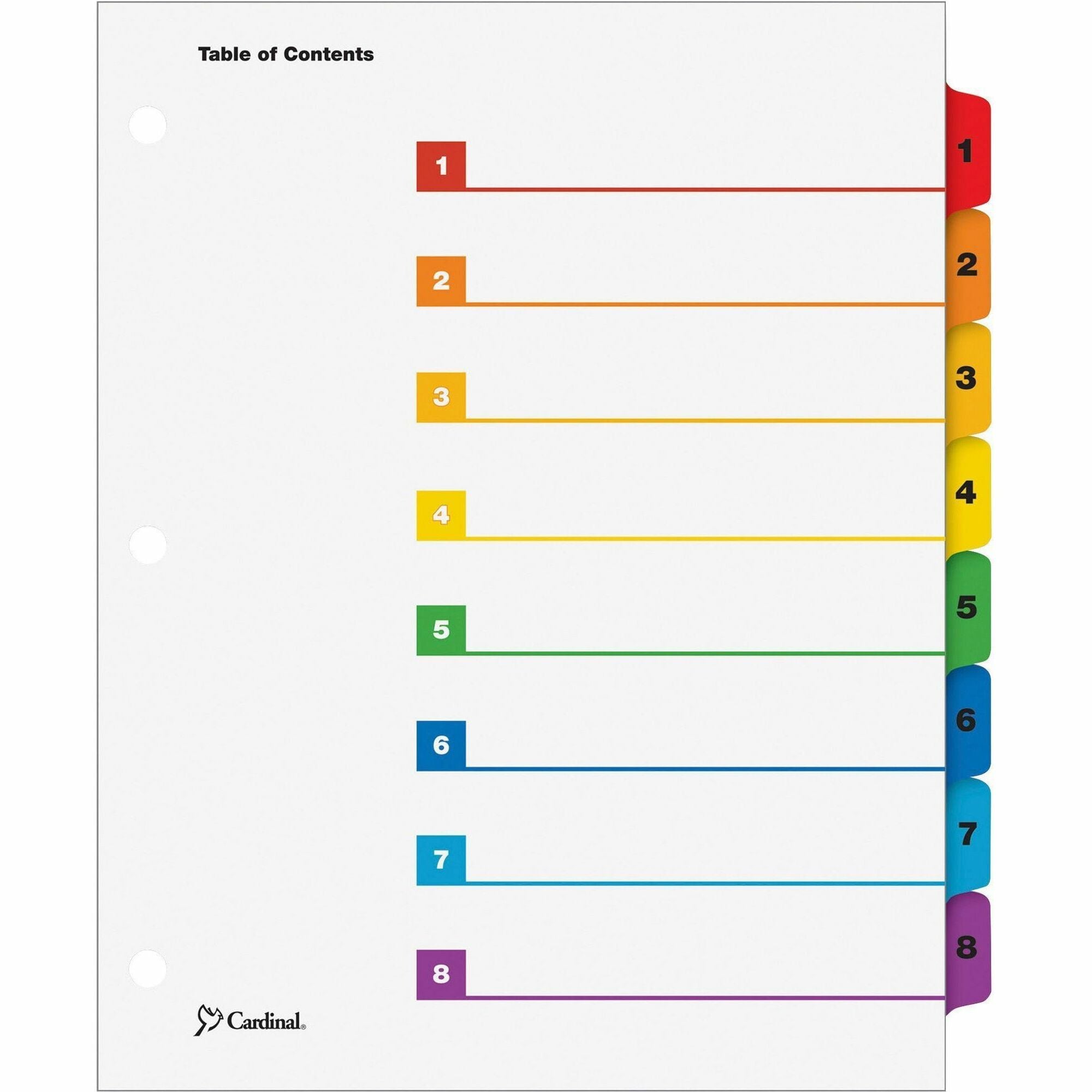 Cardinal OneStep Index System, 8 Dividers, 8 Multicolor Mylar Tabs, 3-Hole Punched, Letter Size, White Paper, Reinforced Tabs and Edges, 1 Set