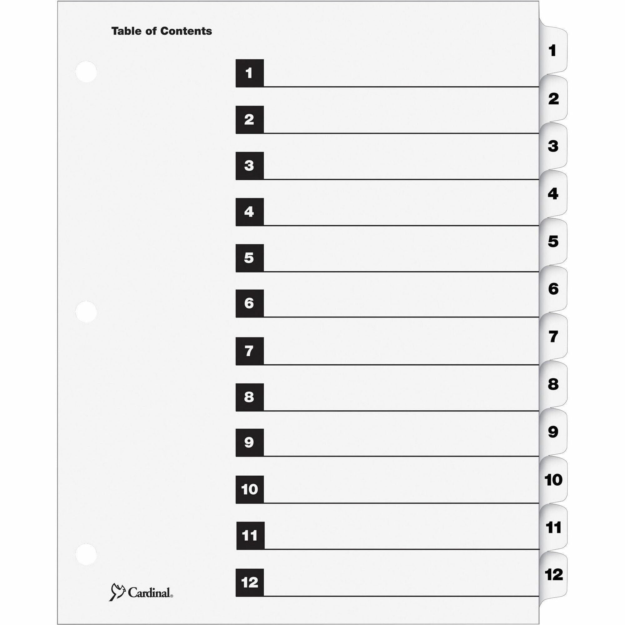 Cardinal OneStep Numbered Index System, 12 Dividers, 1 Set, Letter Size, White, 3-Hole Punched, Reinforced Tabs and Edges