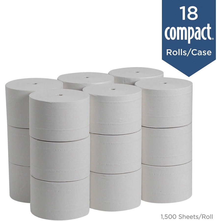 Compact Coreless Recycled Toilet Paper - 2 Ply - 4.05" Width x 3.85" Length - 1500 Sheets/Roll - 5.75" Roll Diameter - White - 18 / Pack