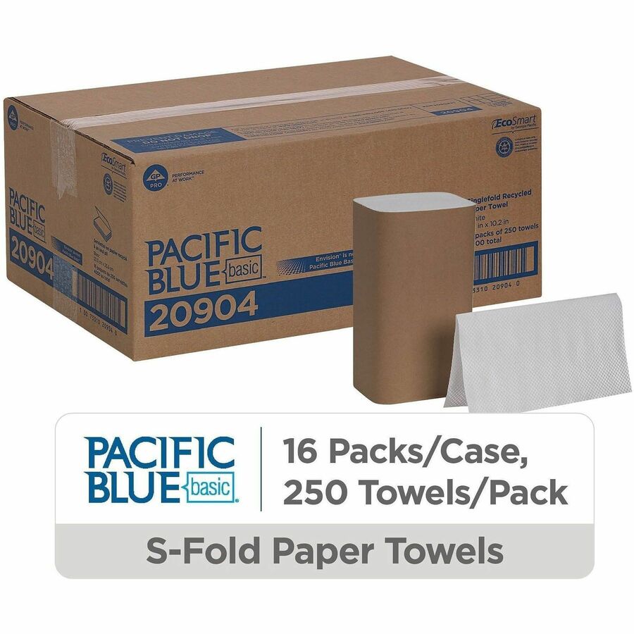 Pacific Blue Basic S-Fold Recycled Paper Towels - 9.25" Width x 10.25" Length - White - 250/Pack - 16 / Carton