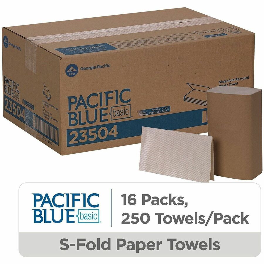 Pacific Blue Basic S-Fold Recycled Paper Towels - 9.25" Width x 10.25" Length - Natural - 250/Pack - 16 / Carton