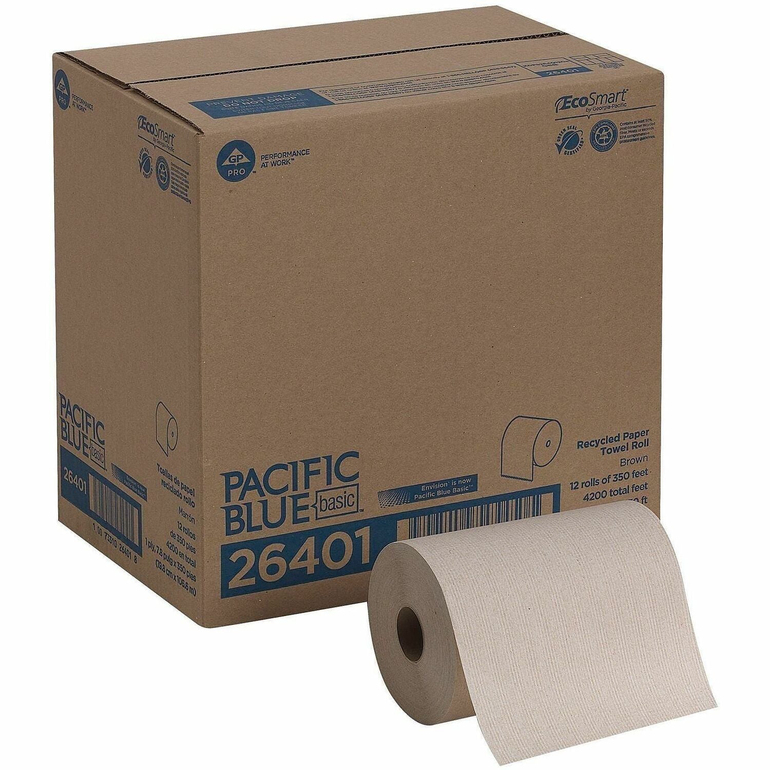 Pacific Blue Basic Recycled Paper Towel Roll - 1 Ply - 7.87" Width x 350 ft Length - Natural - 12 / Carton