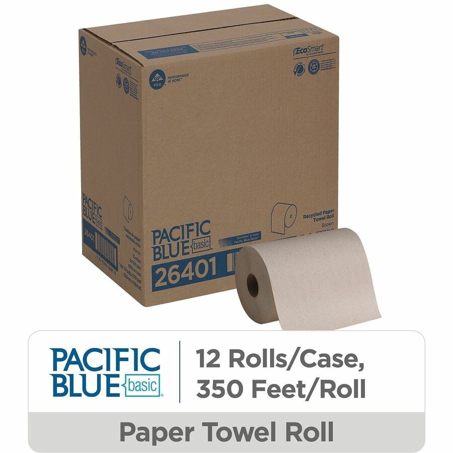 Pacific Blue Basic Recycled Paper Towel Roll - 1 Ply - 7.87" Width x 350 ft Length - Natural - 12 / Carton