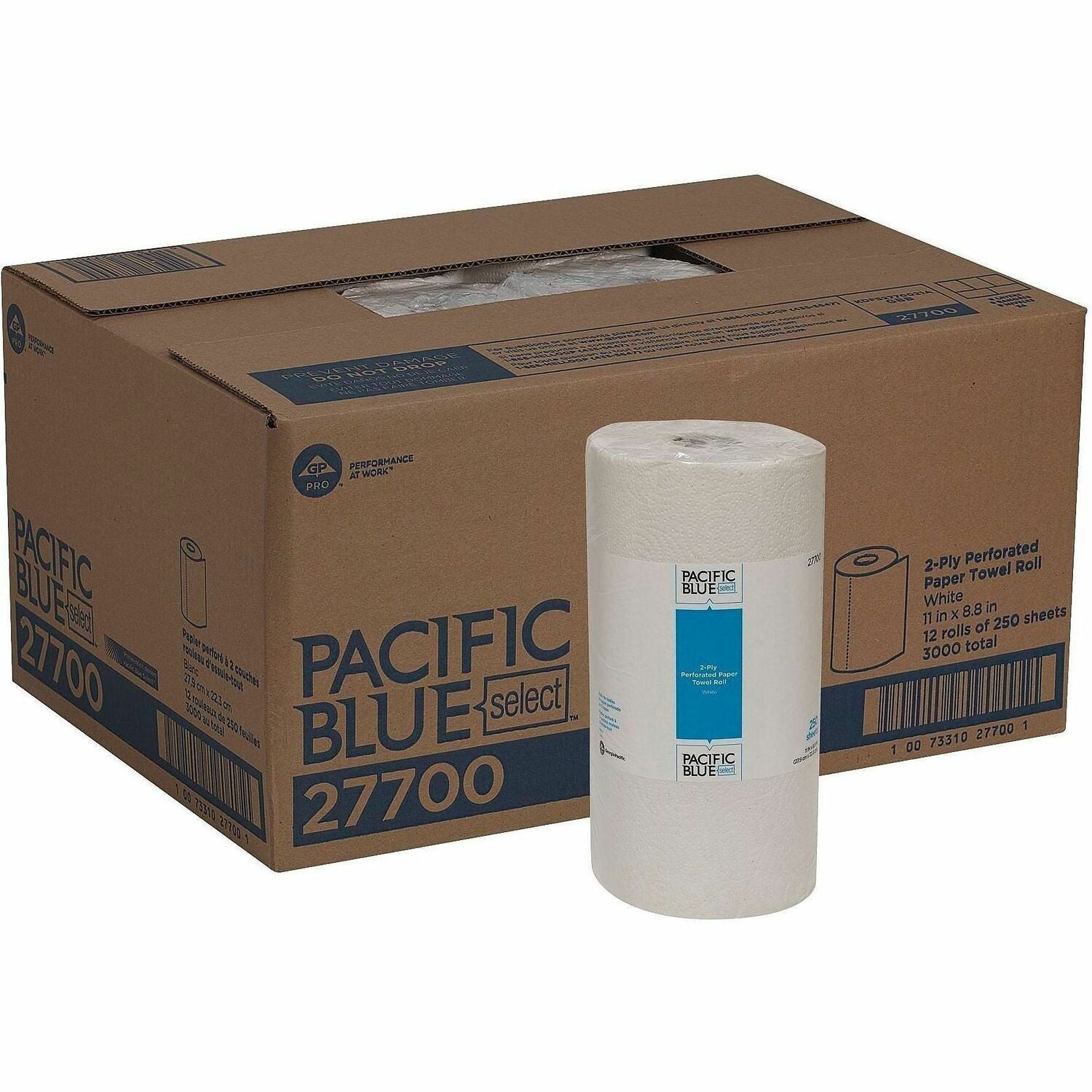 Pacific Blue Select Perforated Paper Towel Roll - 2 Ply - 8.80" Width x 11" Length - 250 Sheets/Roll - White - 12 / Carton