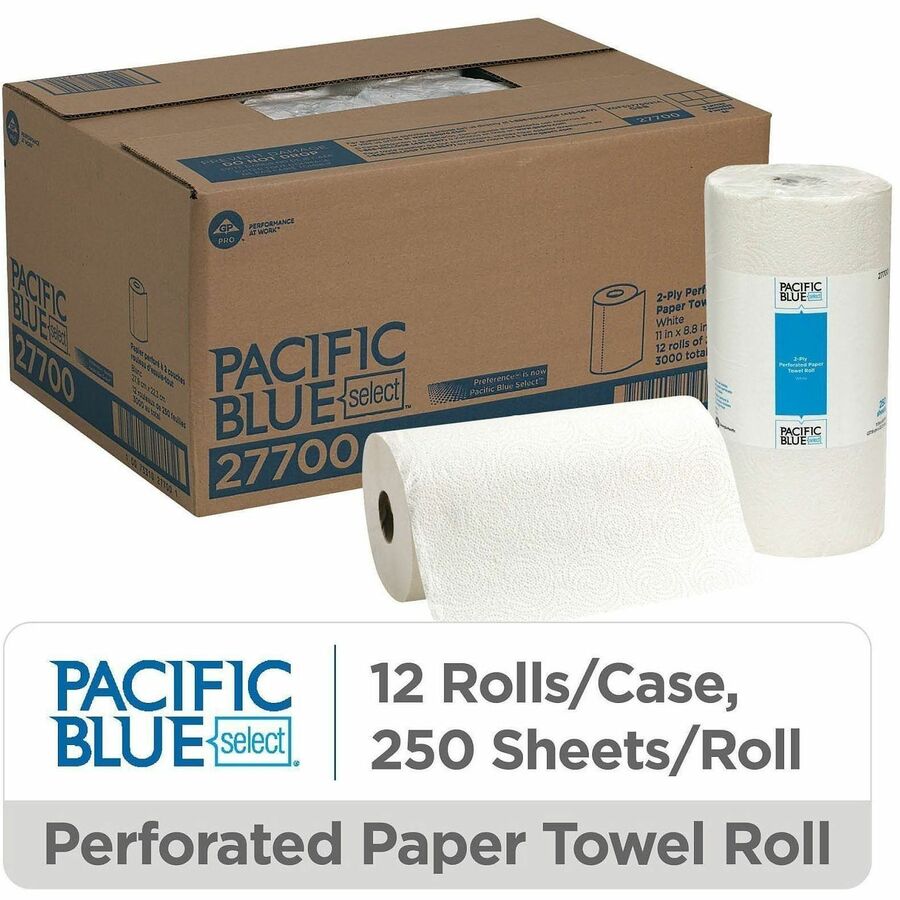 Pacific Blue Select Perforated Paper Towel Roll - 2 Ply - 8.80" Width x 11" Length - 250 Sheets/Roll - White - 12 / Carton