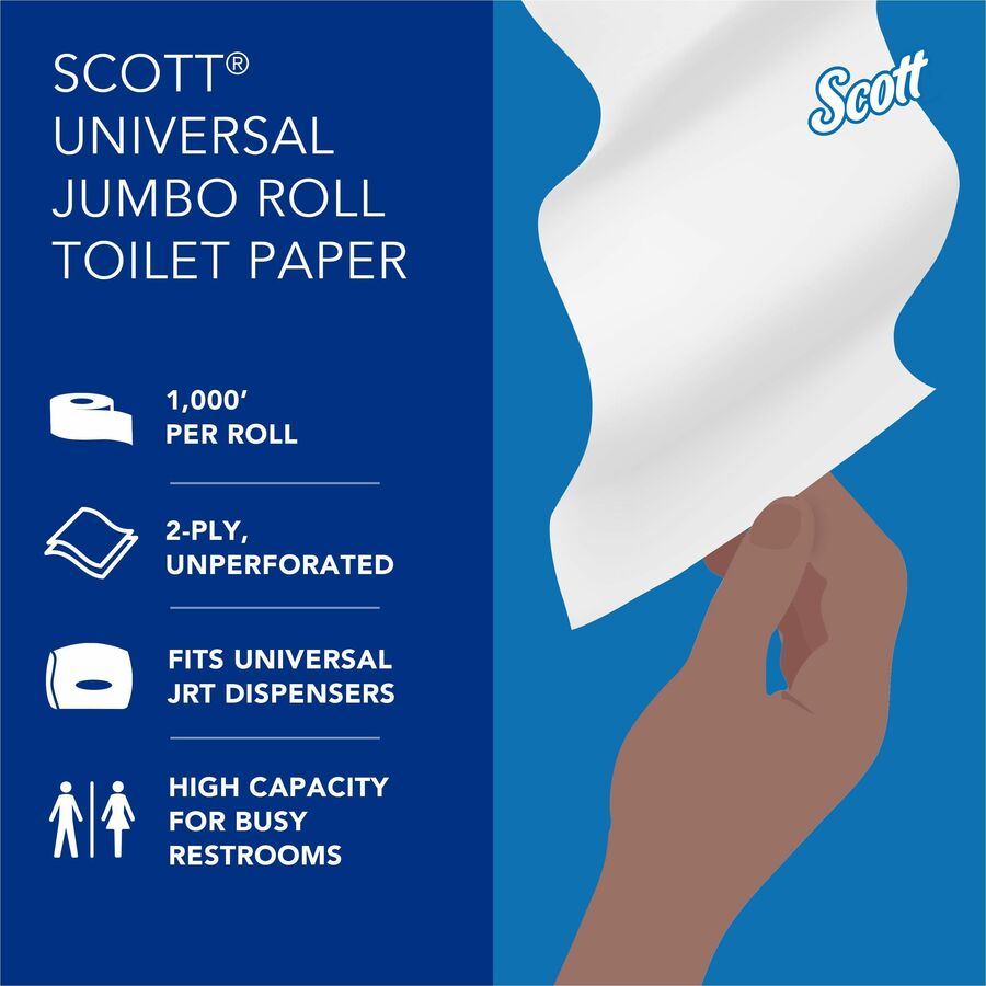 Scott High-Capacity Jumbo Roll Toilet Paper - 2 Ply - 3.55" Width x 1000 ft Length - White - 1 Carton