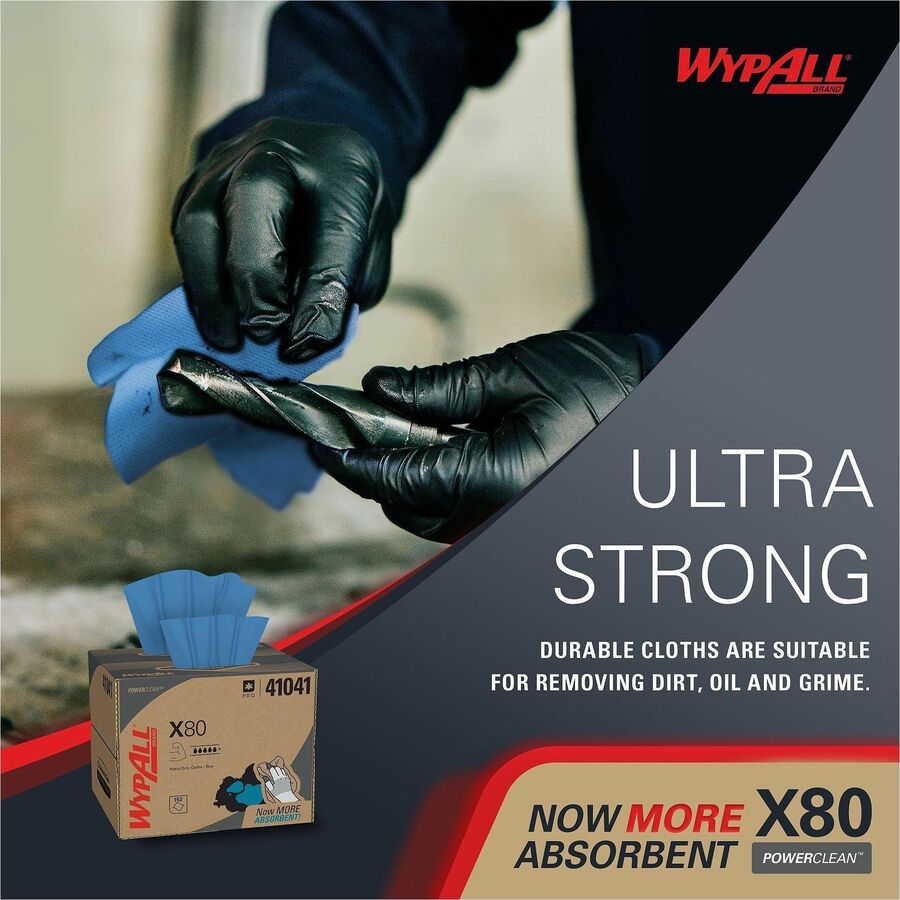 Wypall PowerClean X80 Heavy Duty Cloths - Brag Box - 11.10" Width x 16.80" Length - Blue/ - 1 Box