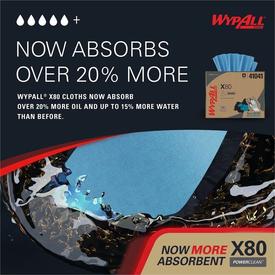 Wypall PowerClean X80 Heavy Duty Cloths - Brag Box - 11.10" Width x 16.80" Length - Blue/ - 1 Box
